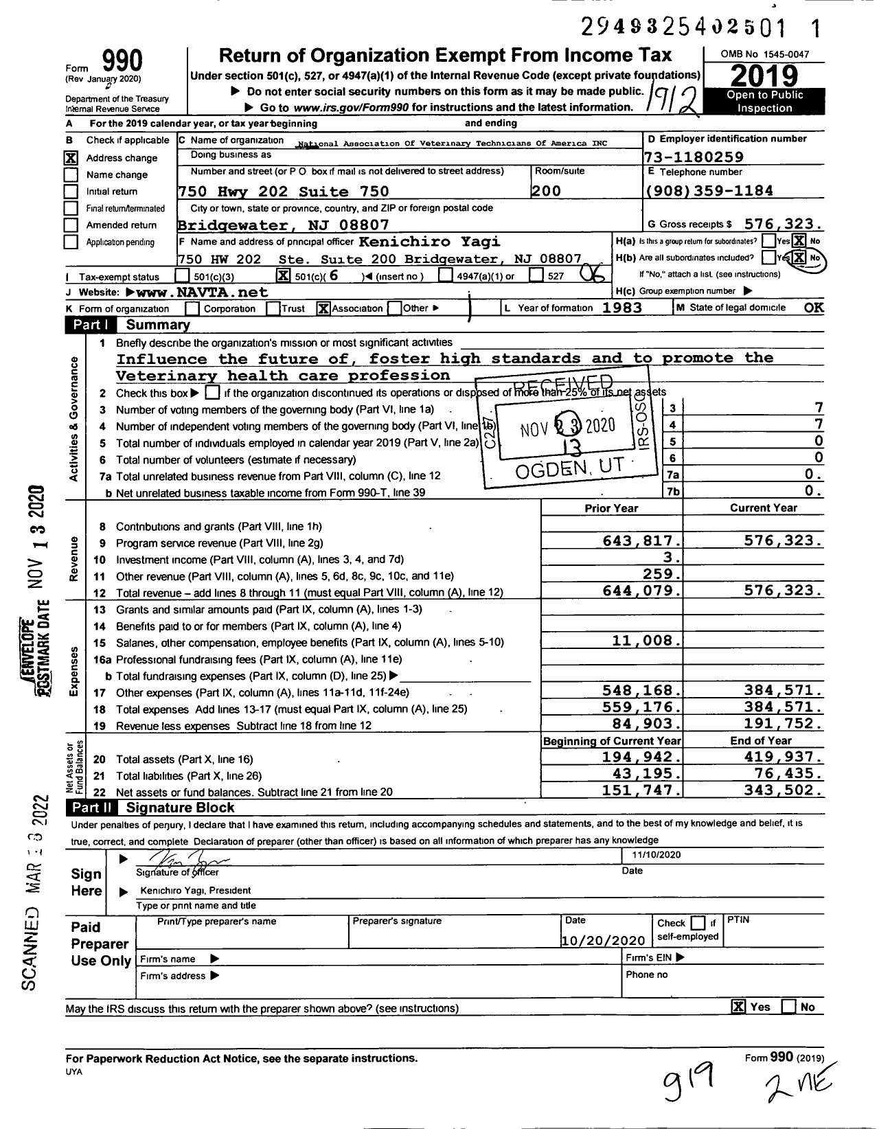 Image of first page of 2019 Form 990O for National Association of Veterinary Technicians in America