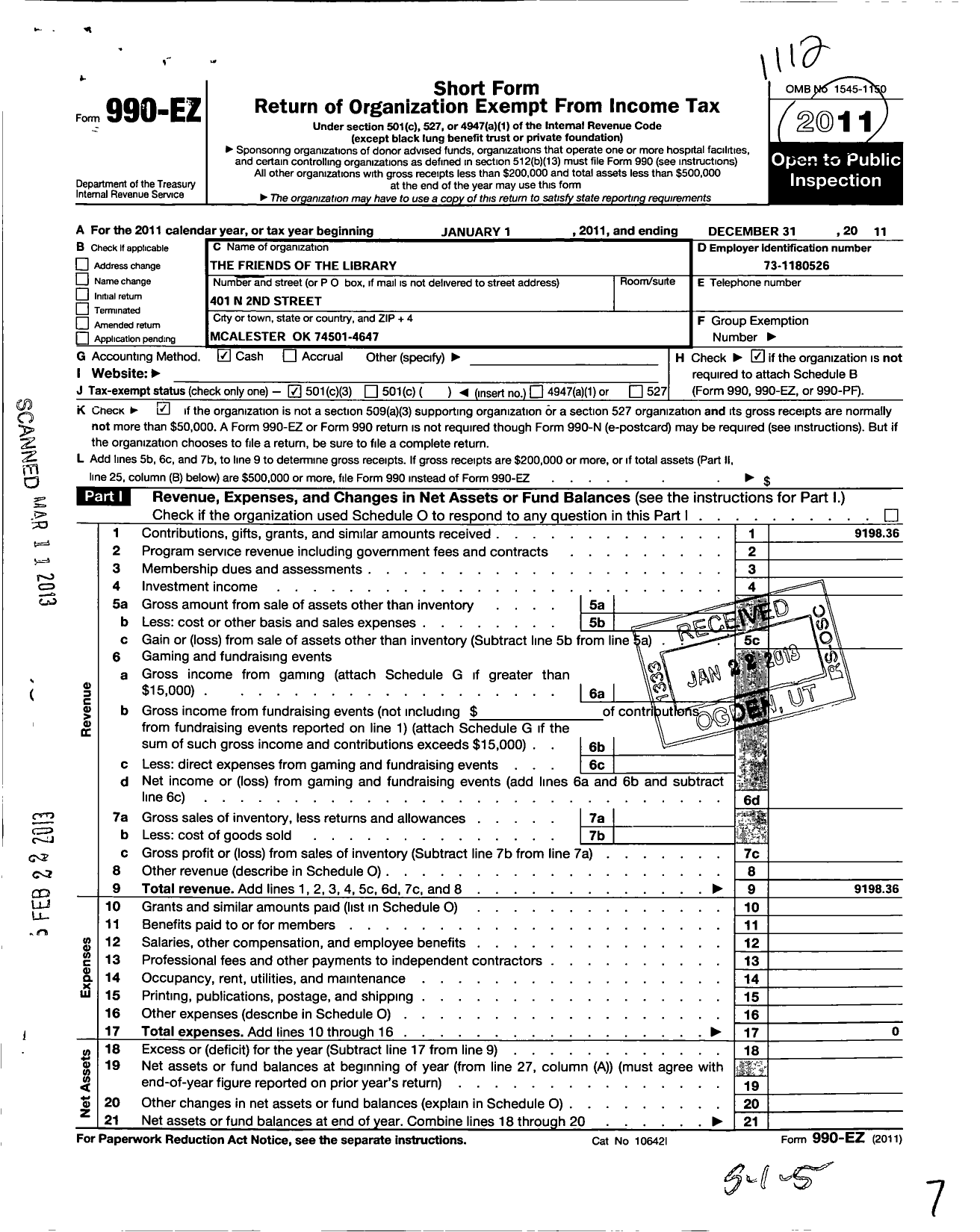 Image of first page of 2011 Form 990EZ for The Friends of the Library of Mcalester