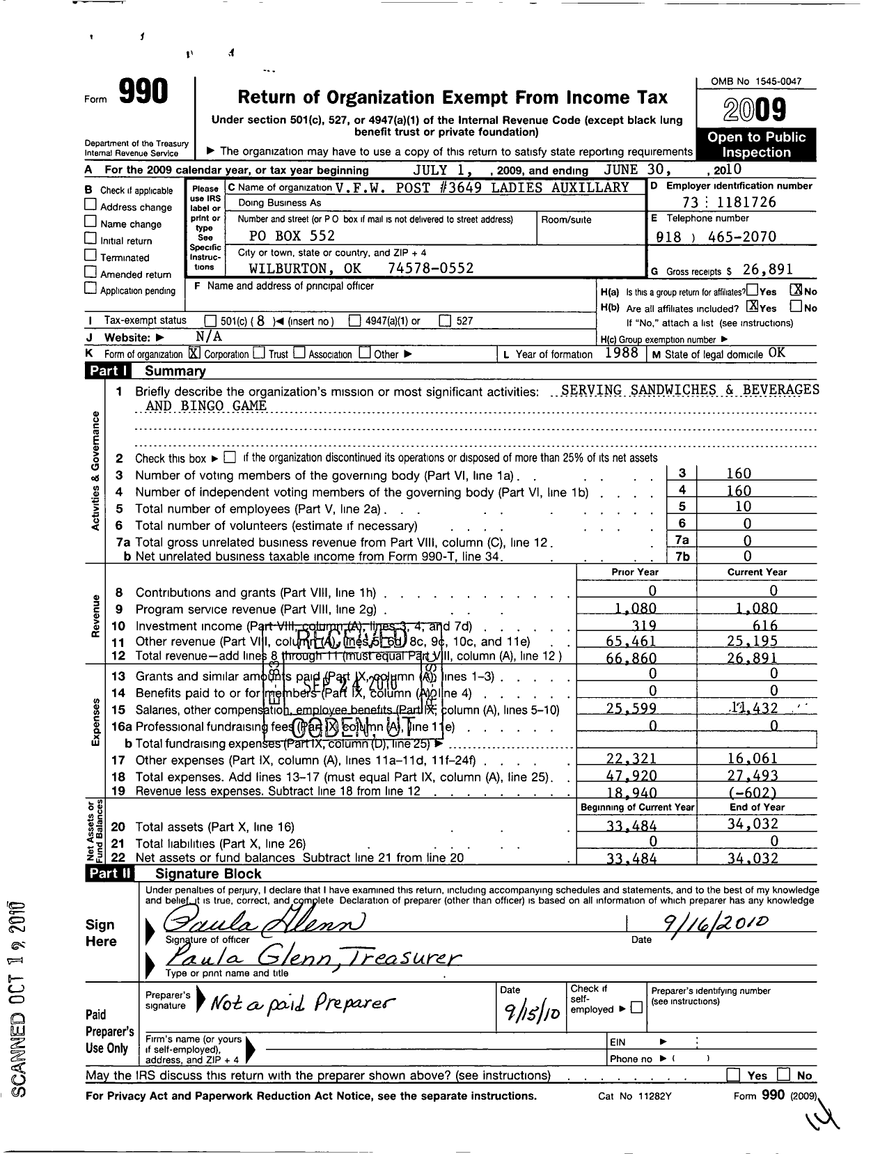 Image of first page of 2009 Form 990O for Department of Oklahoma Ladies Auxiliary To the VFW - 3649 Wilburton Post