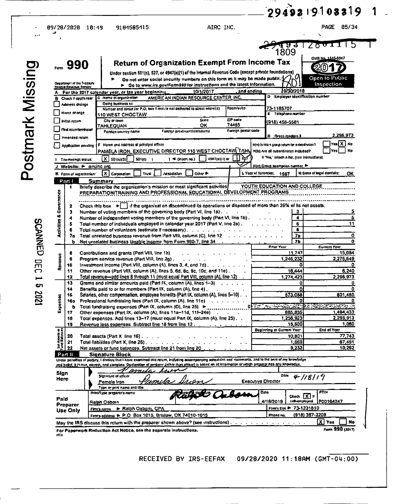 Image of first page of 2017 Form 990 for American Indian Resource Center (AIRC)