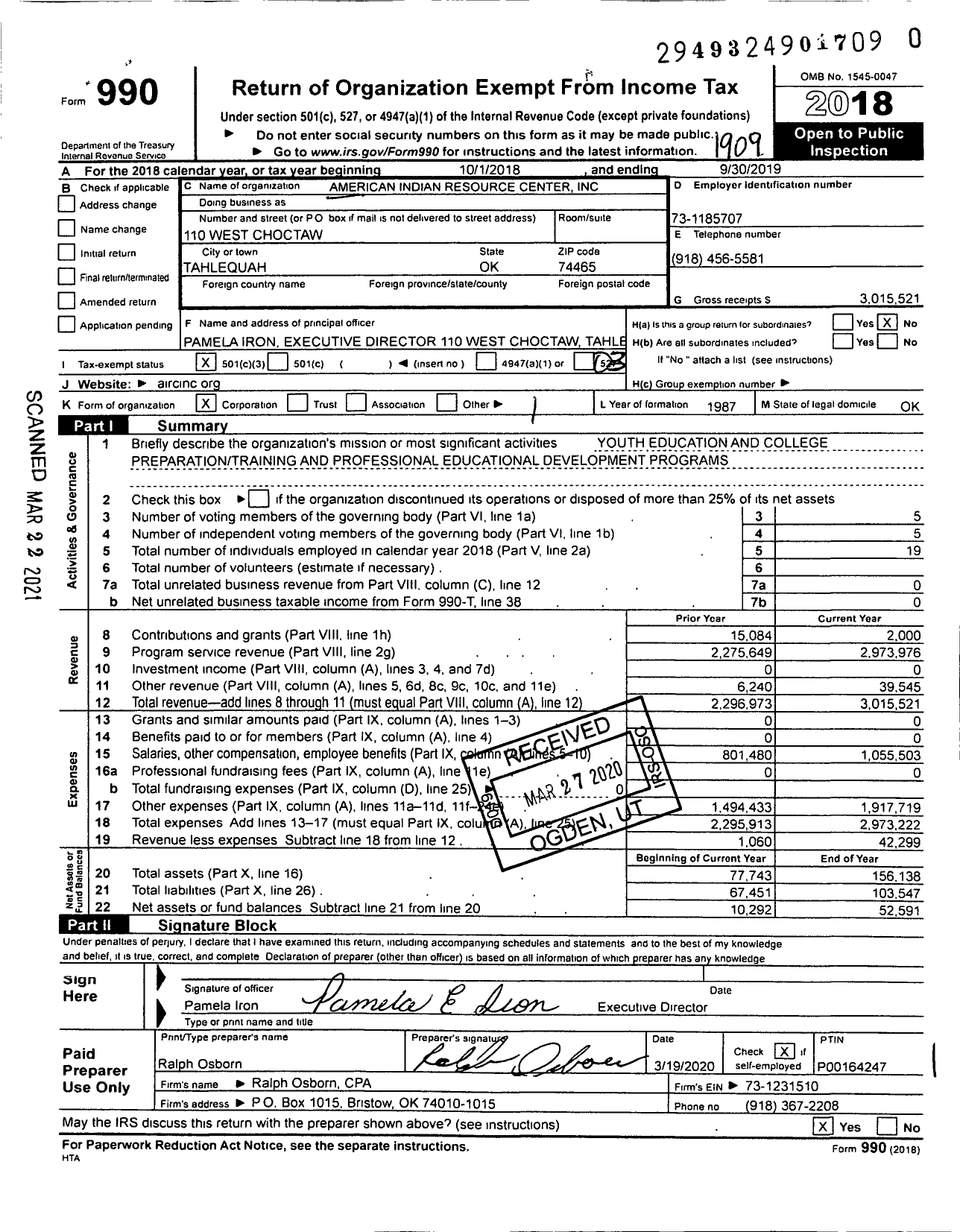 Image of first page of 2018 Form 990 for American Indian Resource Center (AIRC)