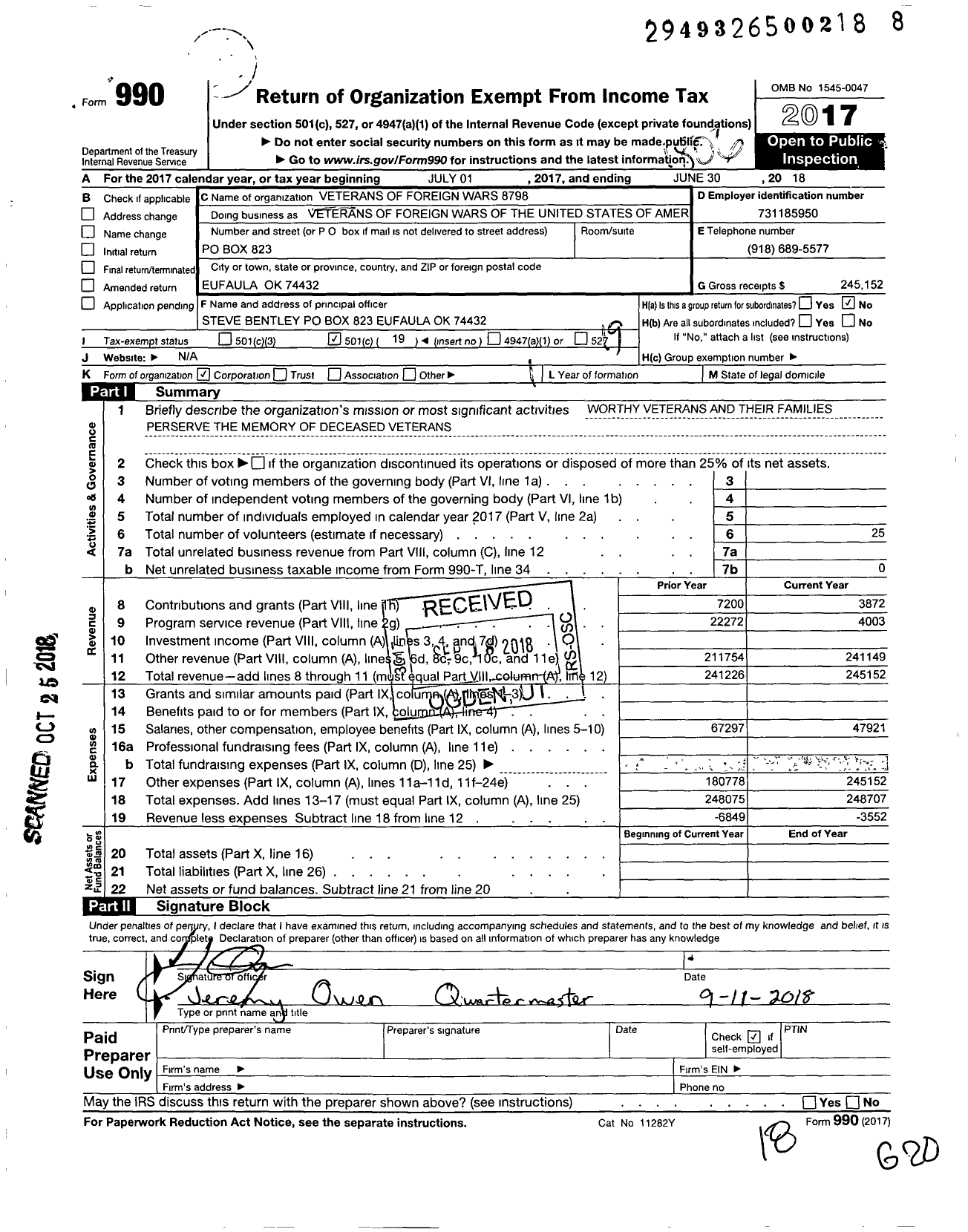 Image of first page of 2017 Form 990O for Veterans of Foreign Wars of the United States Dept of Oklahoma - 8798