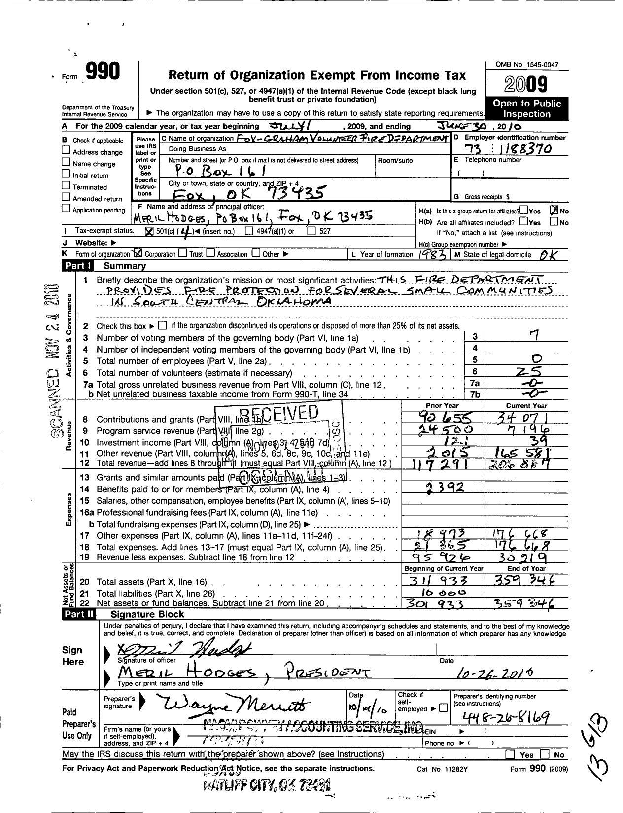 Image of first page of 2009 Form 990O for Fox-Graham Volunteer Fire Department