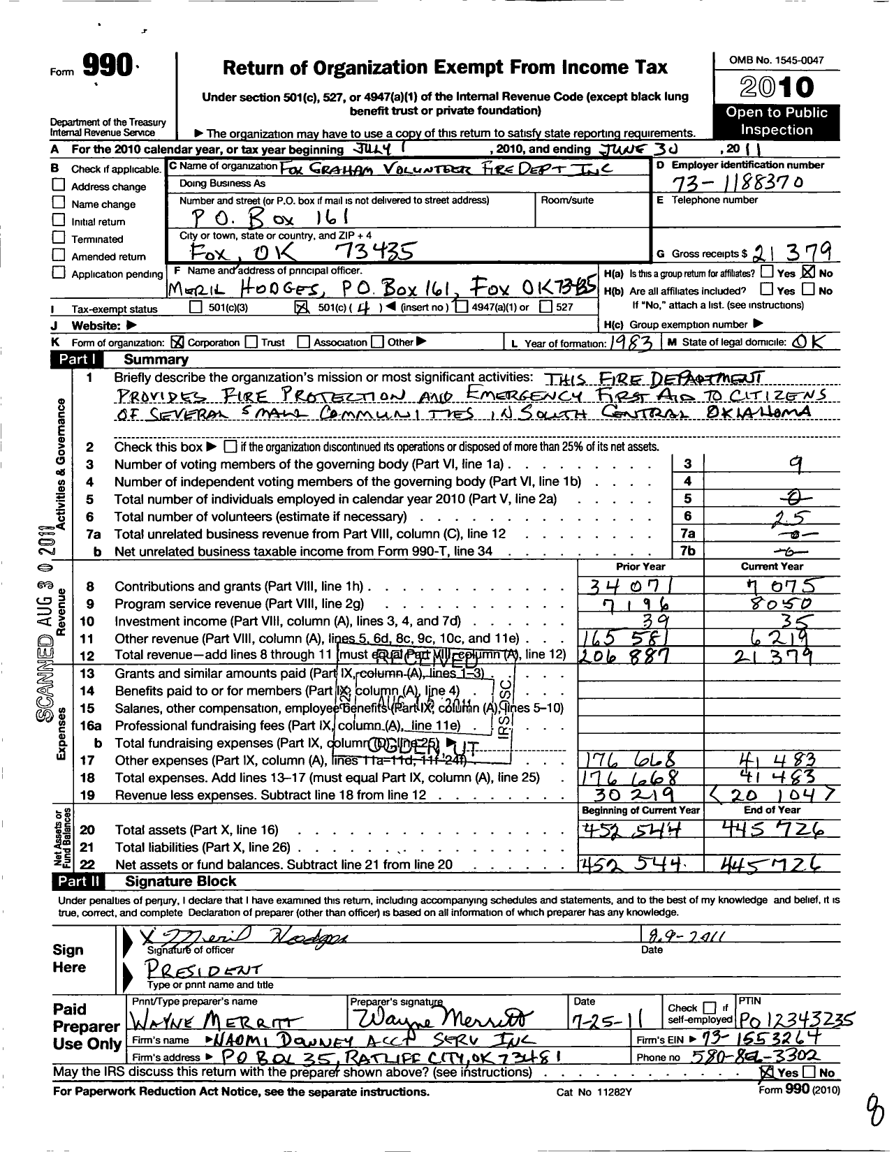 Image of first page of 2010 Form 990O for Fox-Graham Volunteer Fire Department