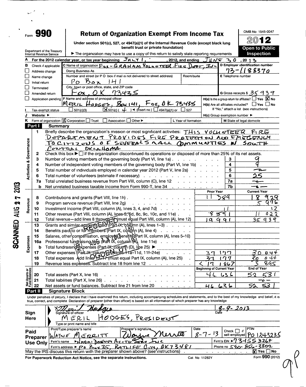 Image of first page of 2012 Form 990O for Fox-Graham Volunteer Fire Department