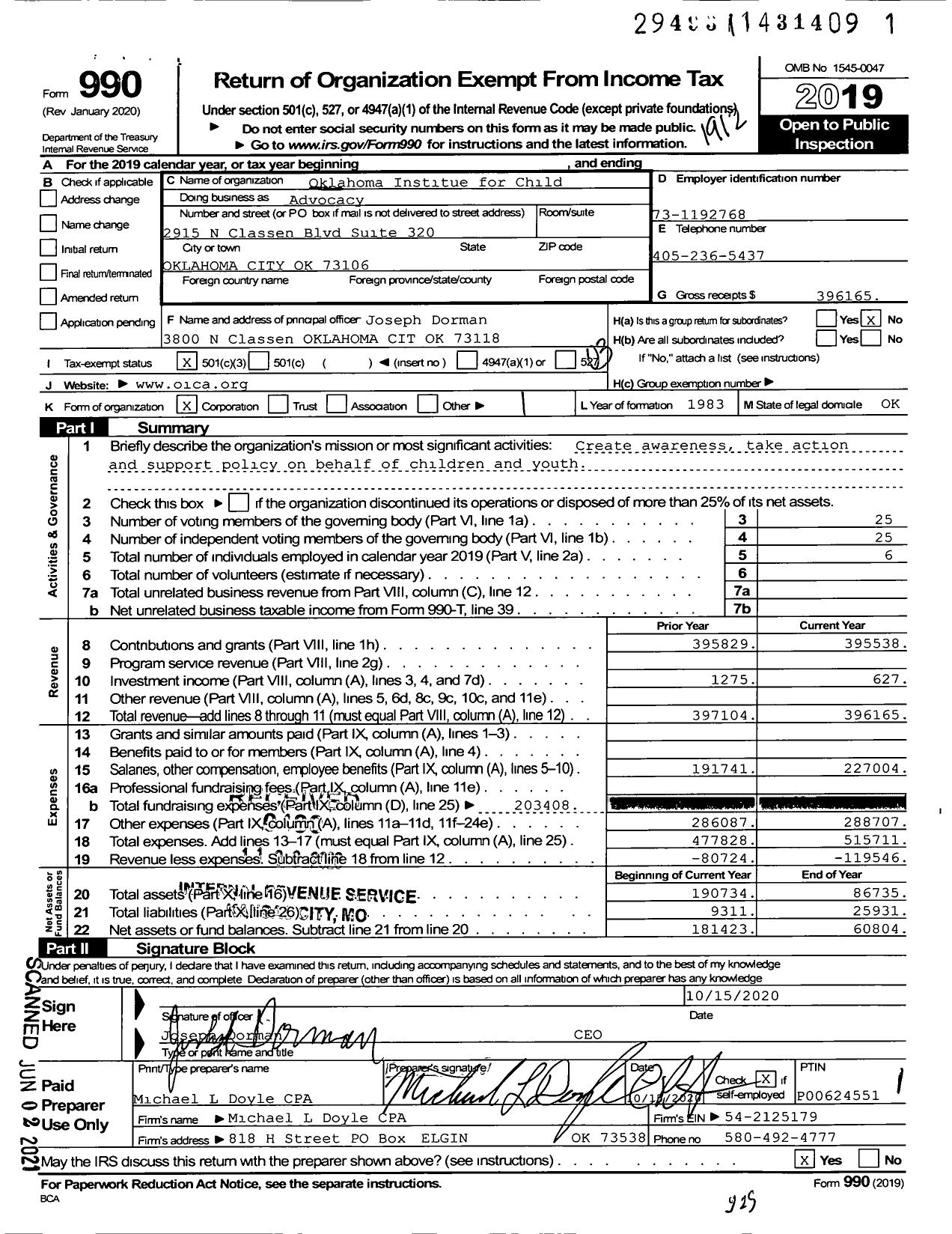 Image of first page of 2019 Form 990 for Oklahoma Institute for Child Advocacy