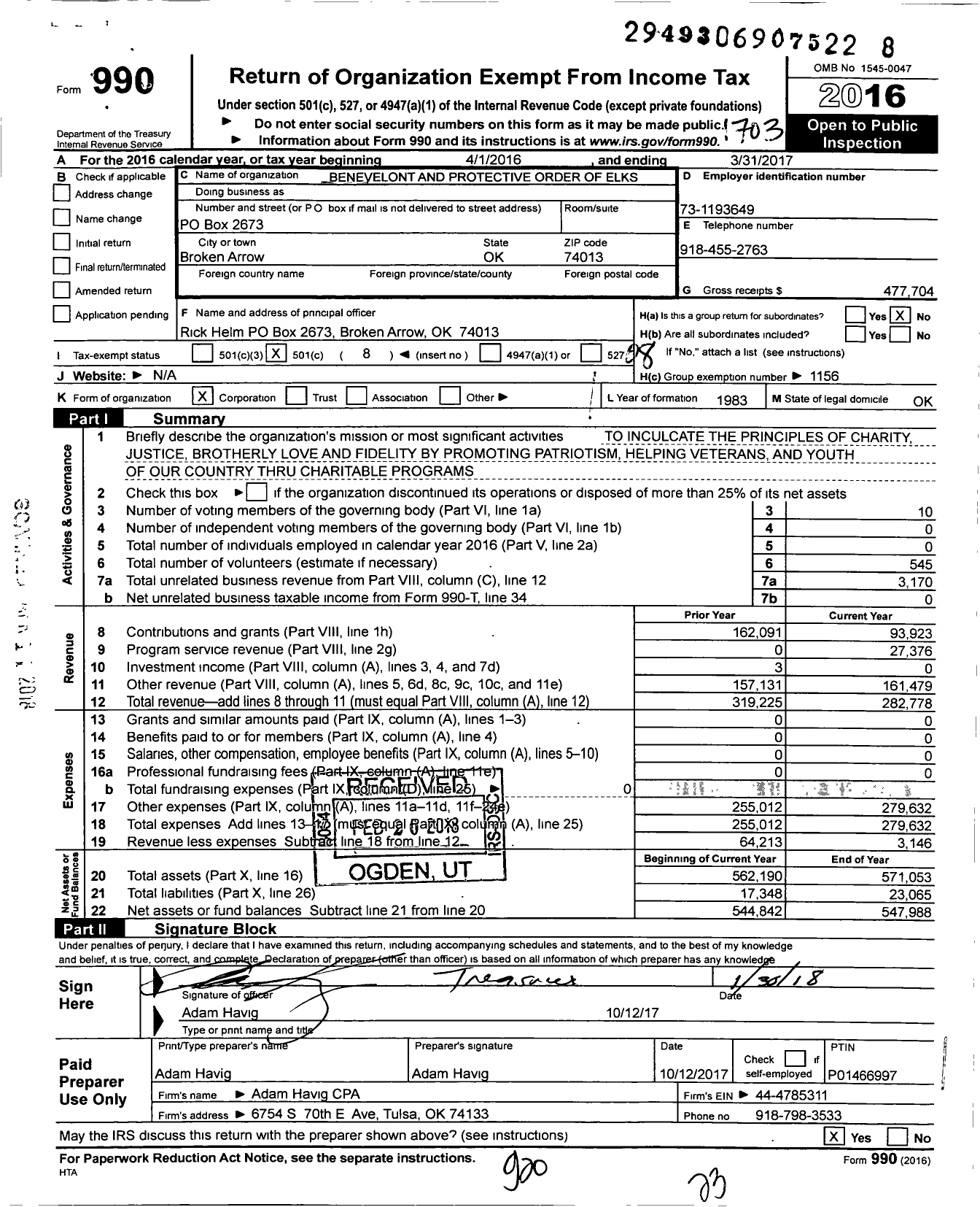 Image of first page of 2016 Form 990O for Benevolent and Protective Order of Elks USA - Broken Arrow Elks 2673