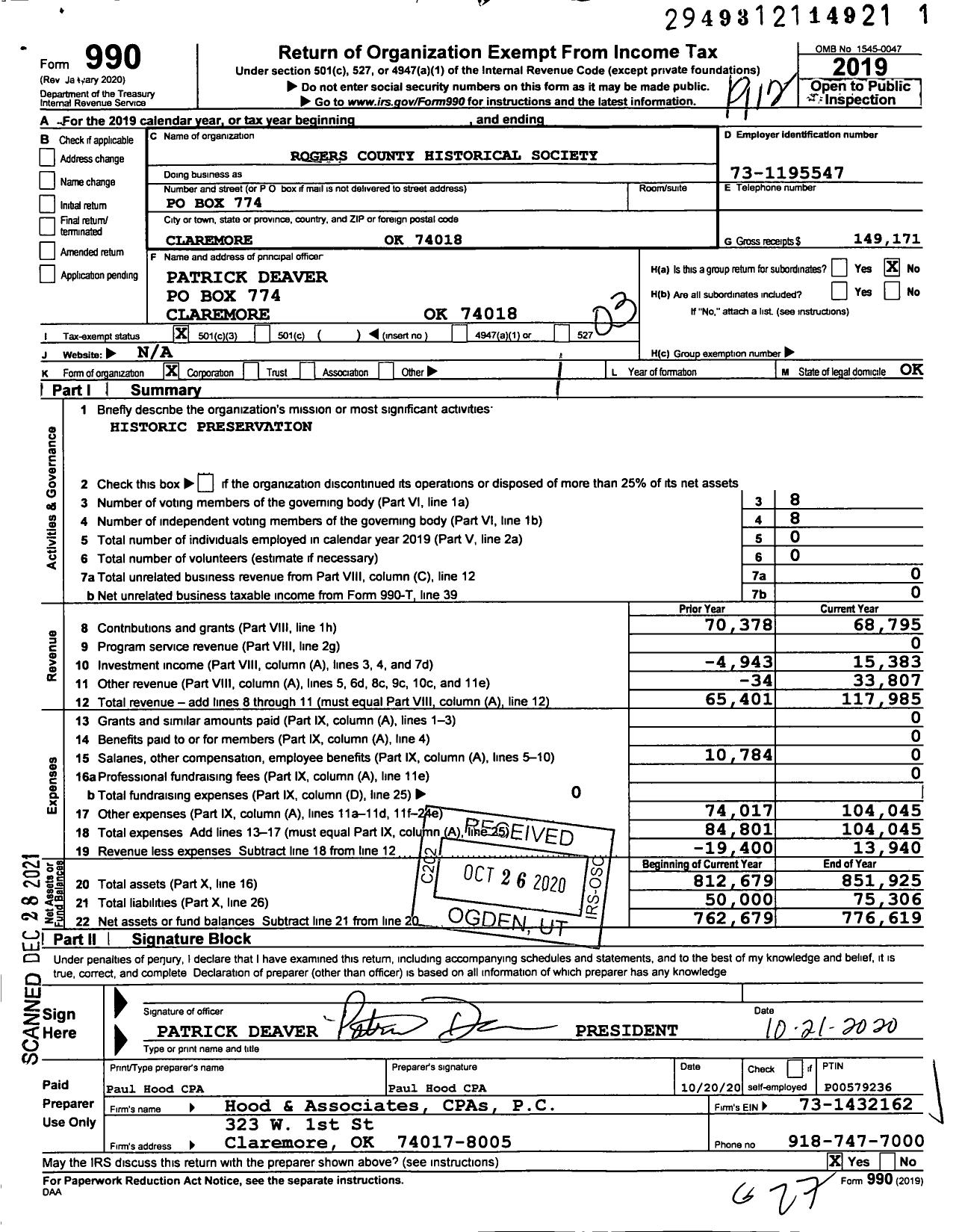 Image of first page of 2019 Form 990 for Rogers County Historical Society