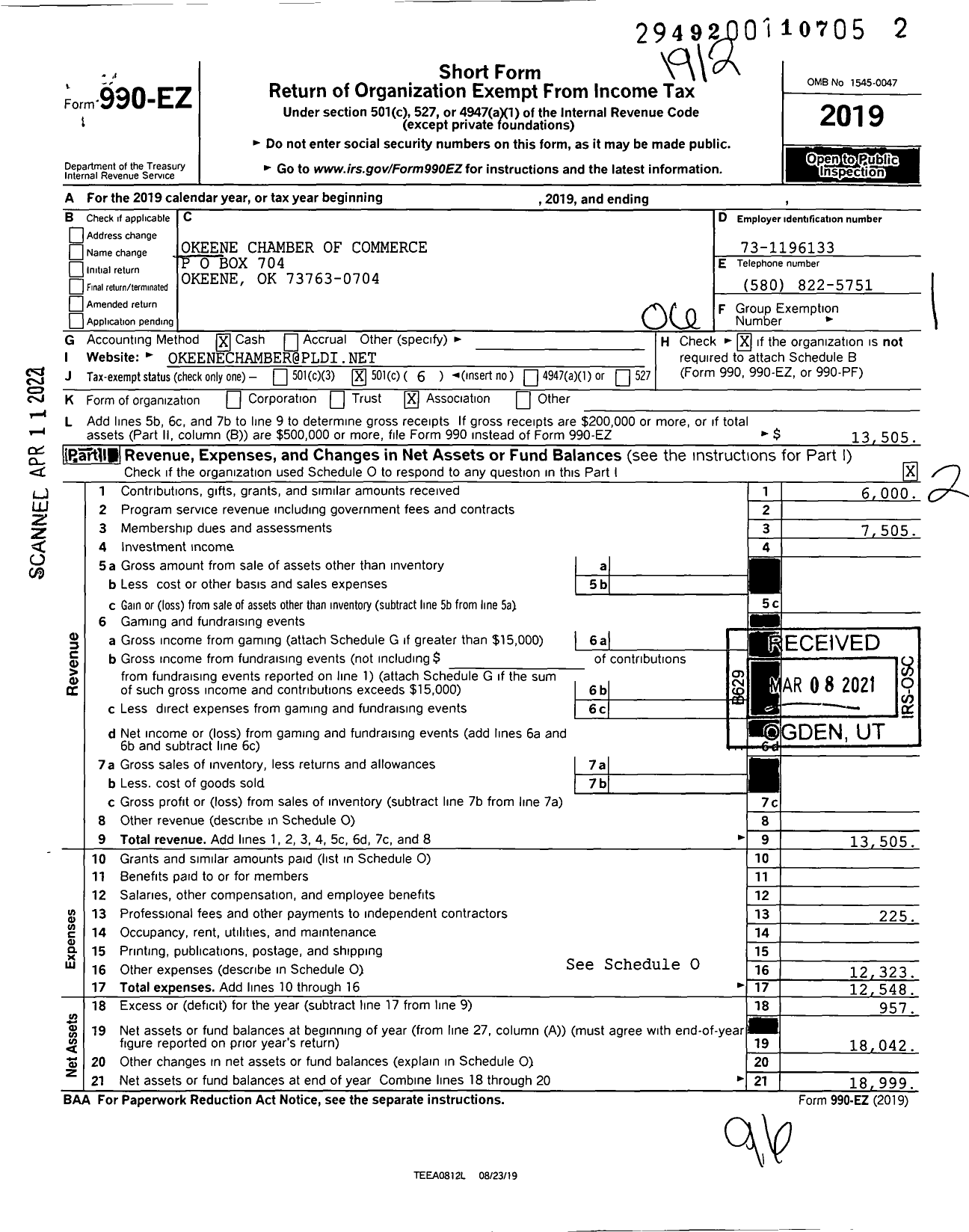 Image of first page of 2019 Form 990EO for Okeene Chamber of Commerce