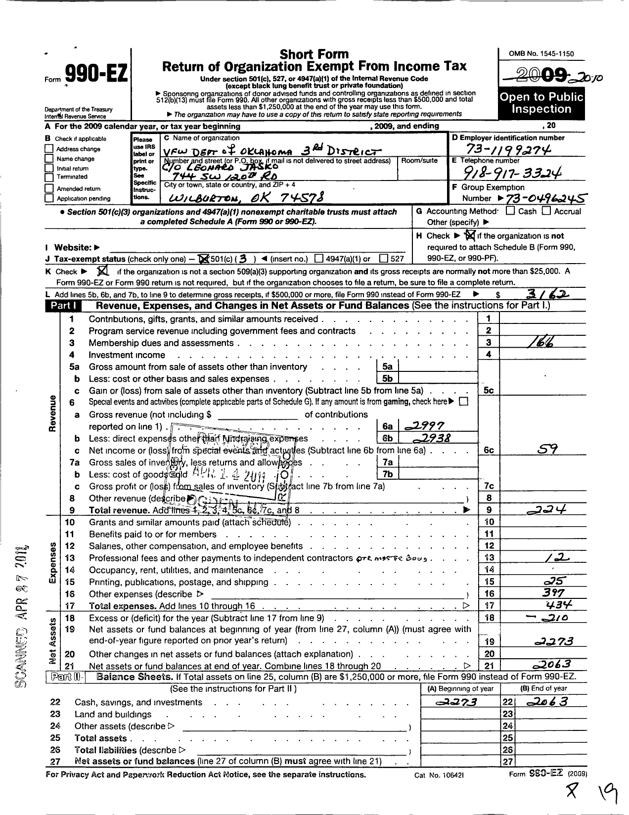 Image of first page of 2010 Form 990EZ for Veterans of Foreign Wars of the United States Dept of Oklahoma - 3 District