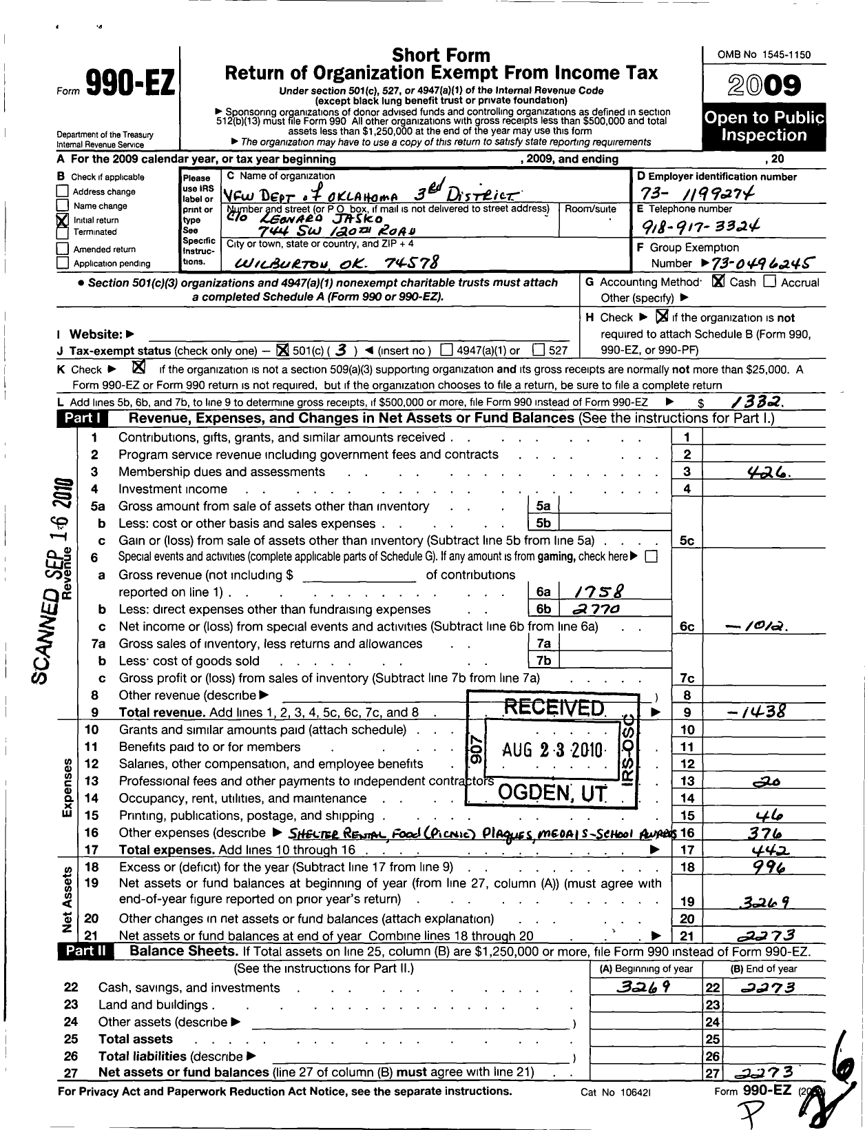 Image of first page of 2009 Form 990EZ for Veterans of Foreign Wars of the United States Dept of Oklahoma - 3 District