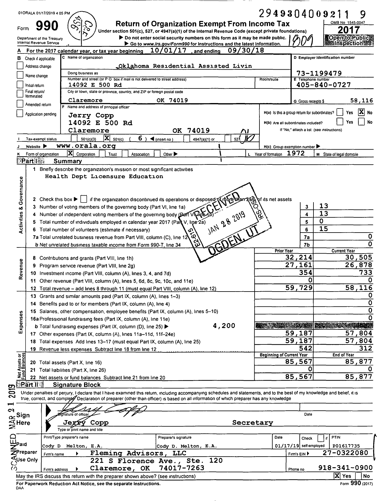 Image of first page of 2017 Form 990O for Oklahoma Residential Assisted Living