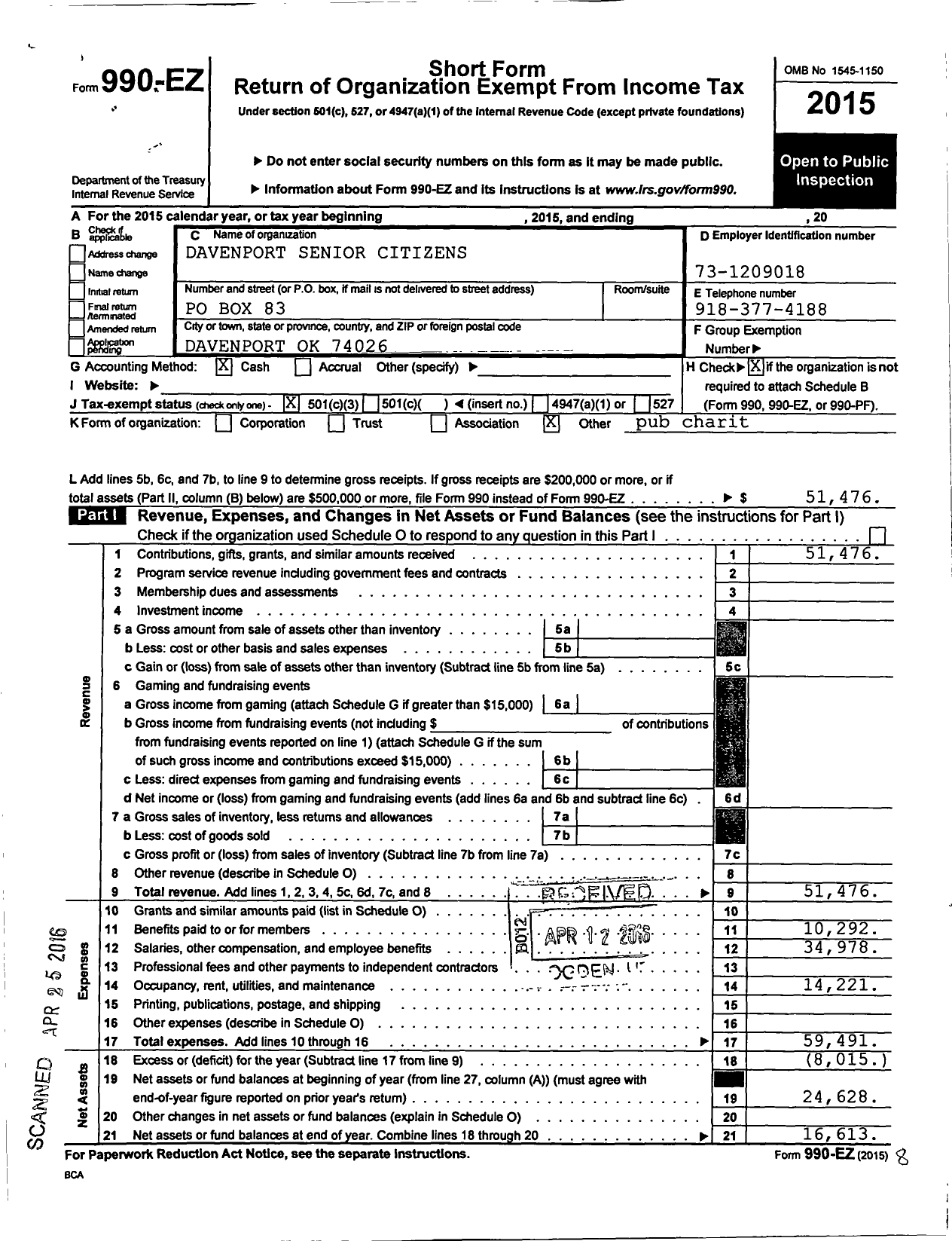Image of first page of 2015 Form 990EZ for Davenport Senior Citizens