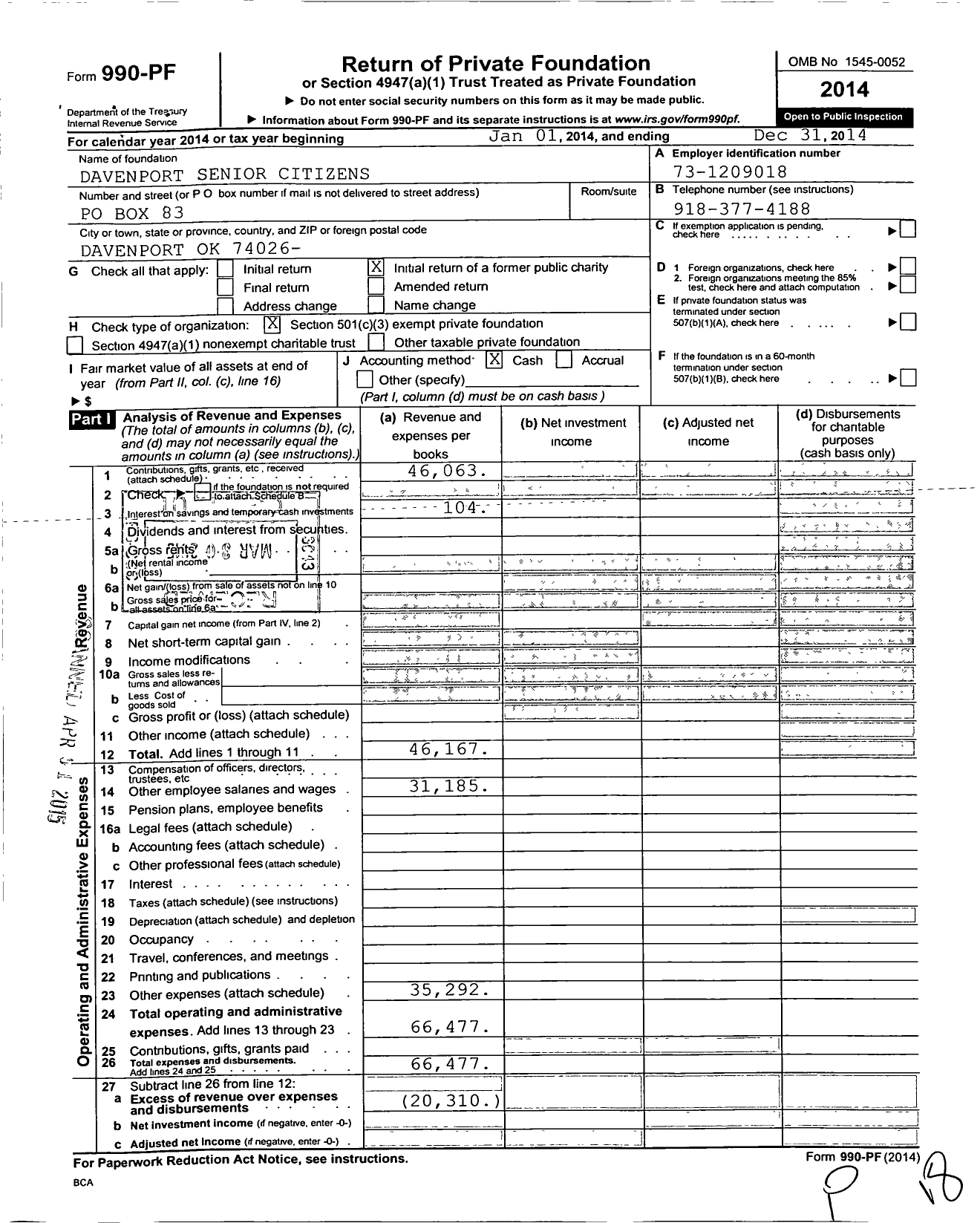 Image of first page of 2014 Form 990PF for Davenport Senior Citizens
