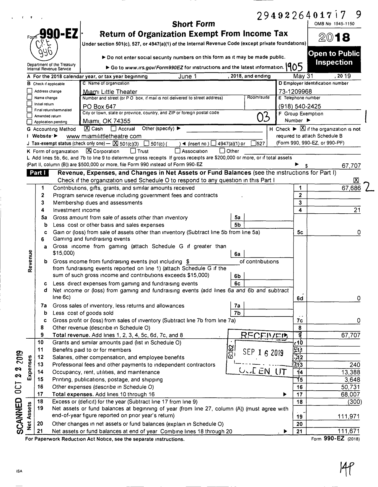 Image of first page of 2018 Form 990EZ for Miami Little Theater