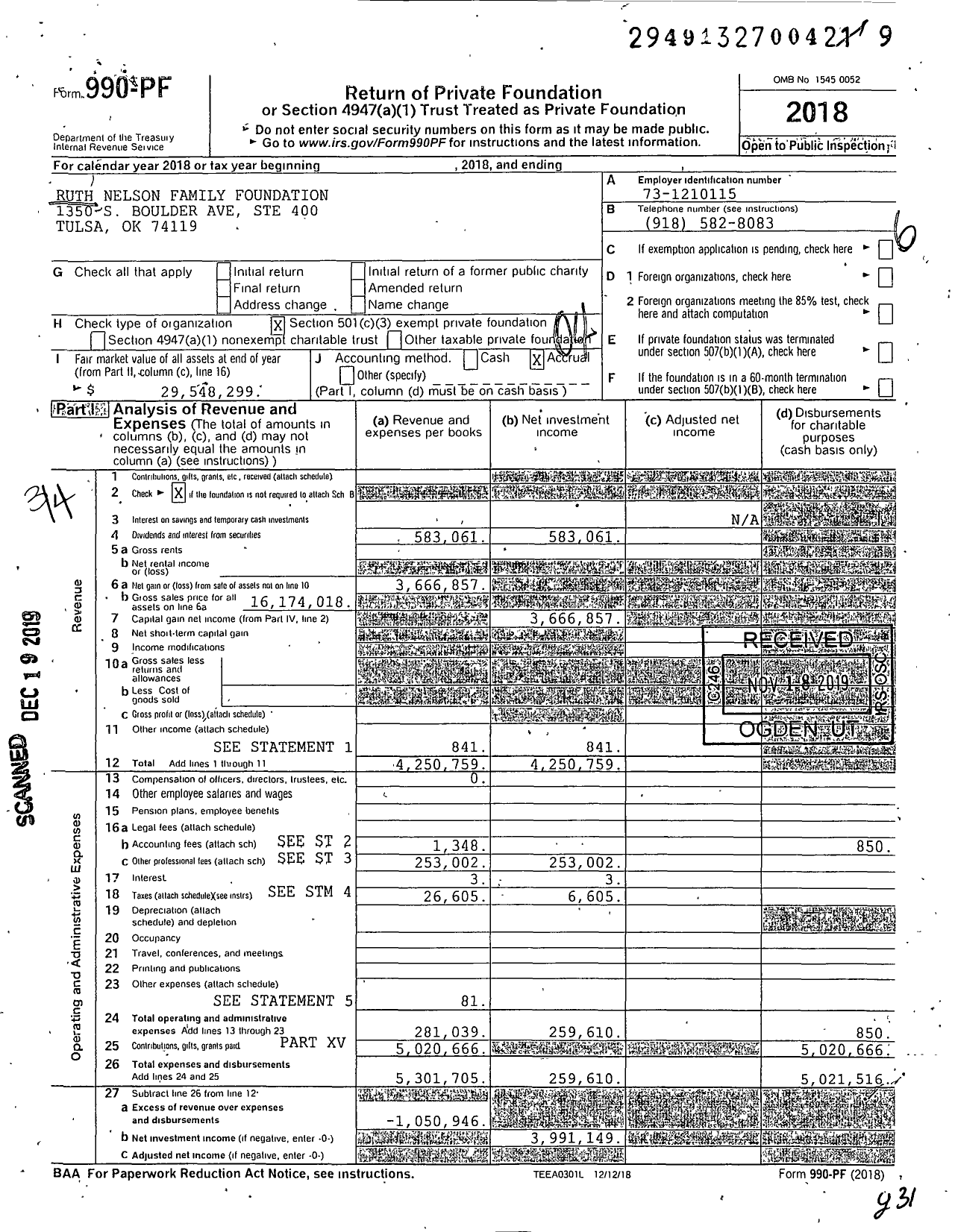 Image of first page of 2018 Form 990PF for Ruth Nelson Family Foundation