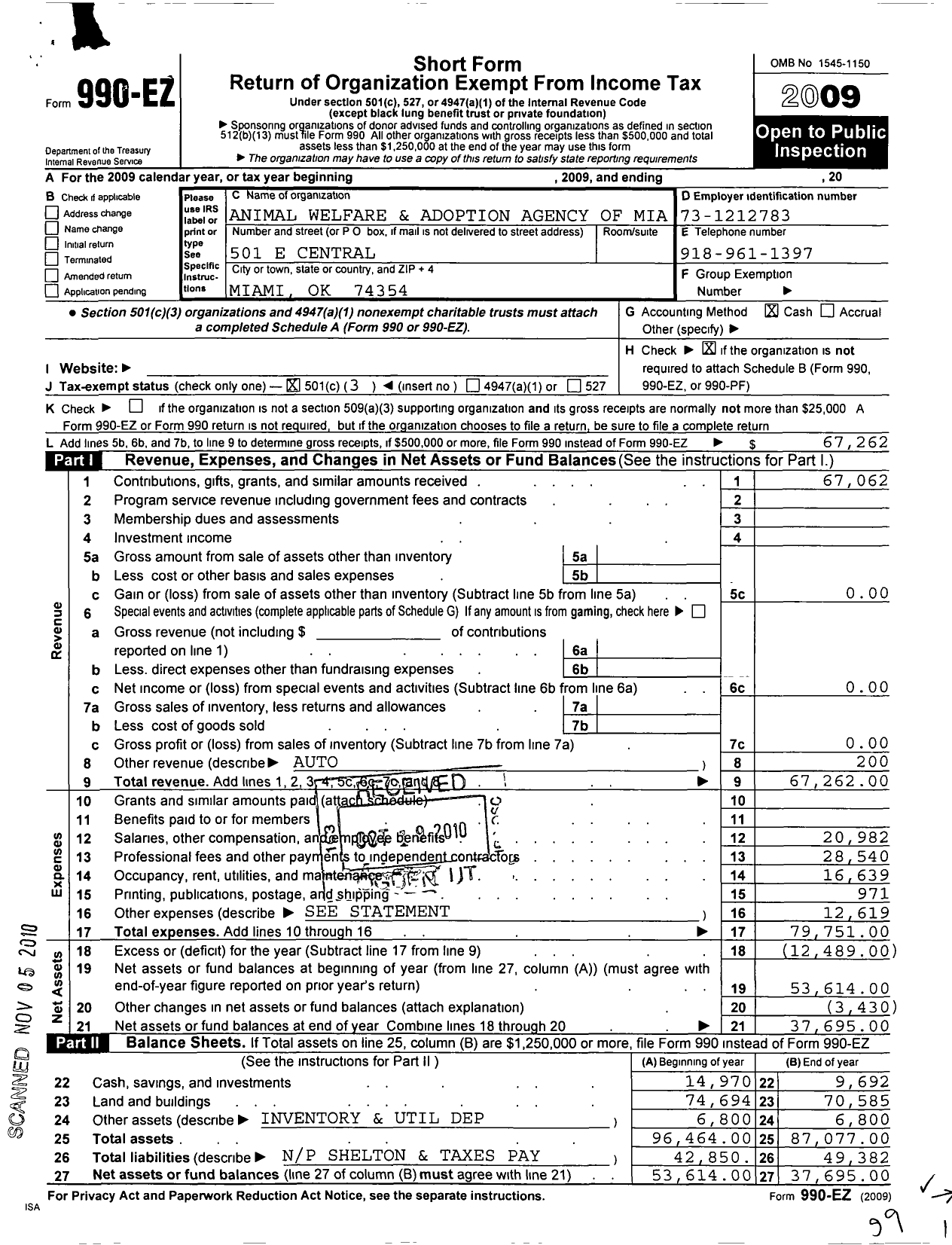 Image of first page of 2009 Form 990EZ for Animal Welfare and Adoption Agency of Miami Oklahoma