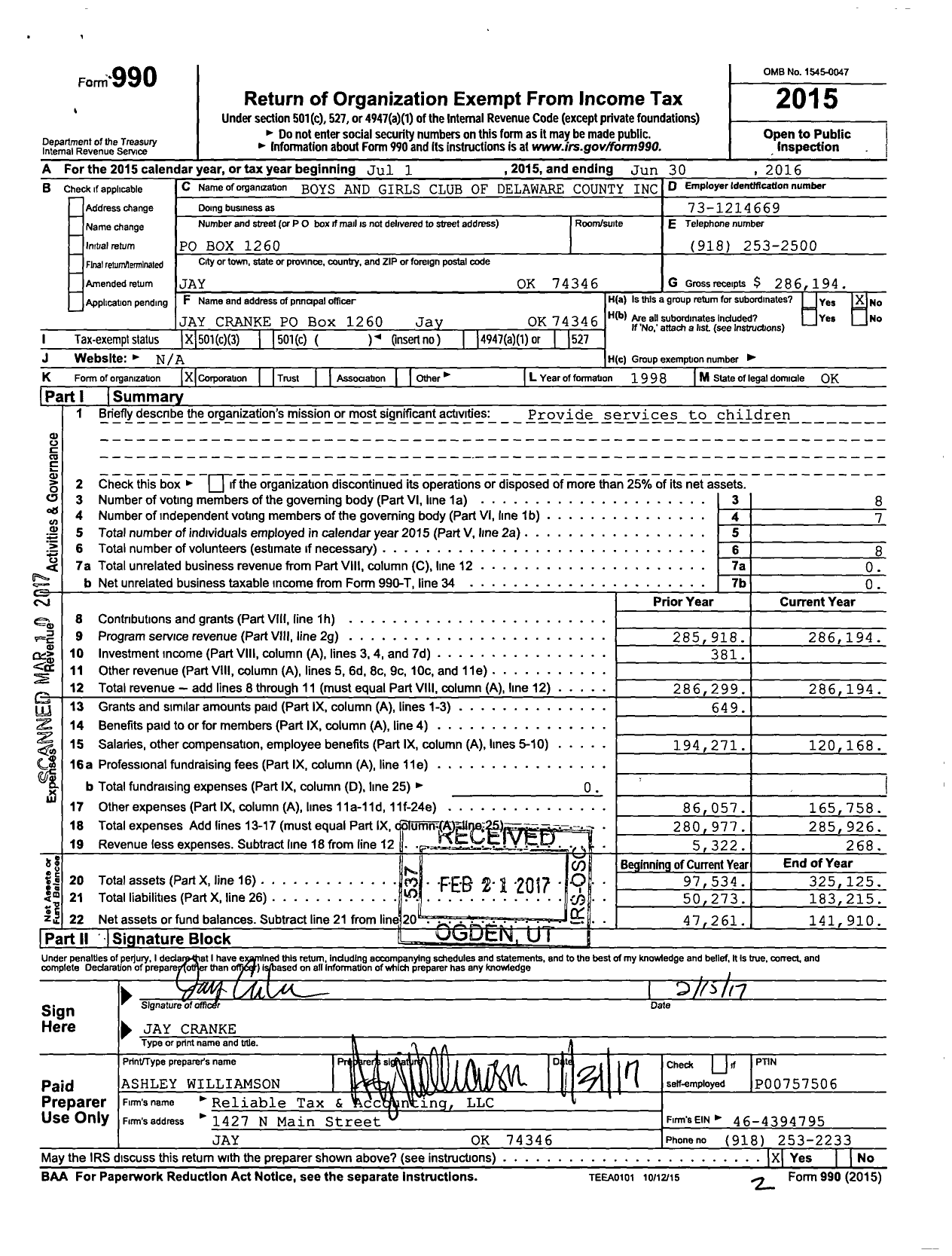 Image of first page of 2015 Form 990 for Boys and Girls Club of Delaware County