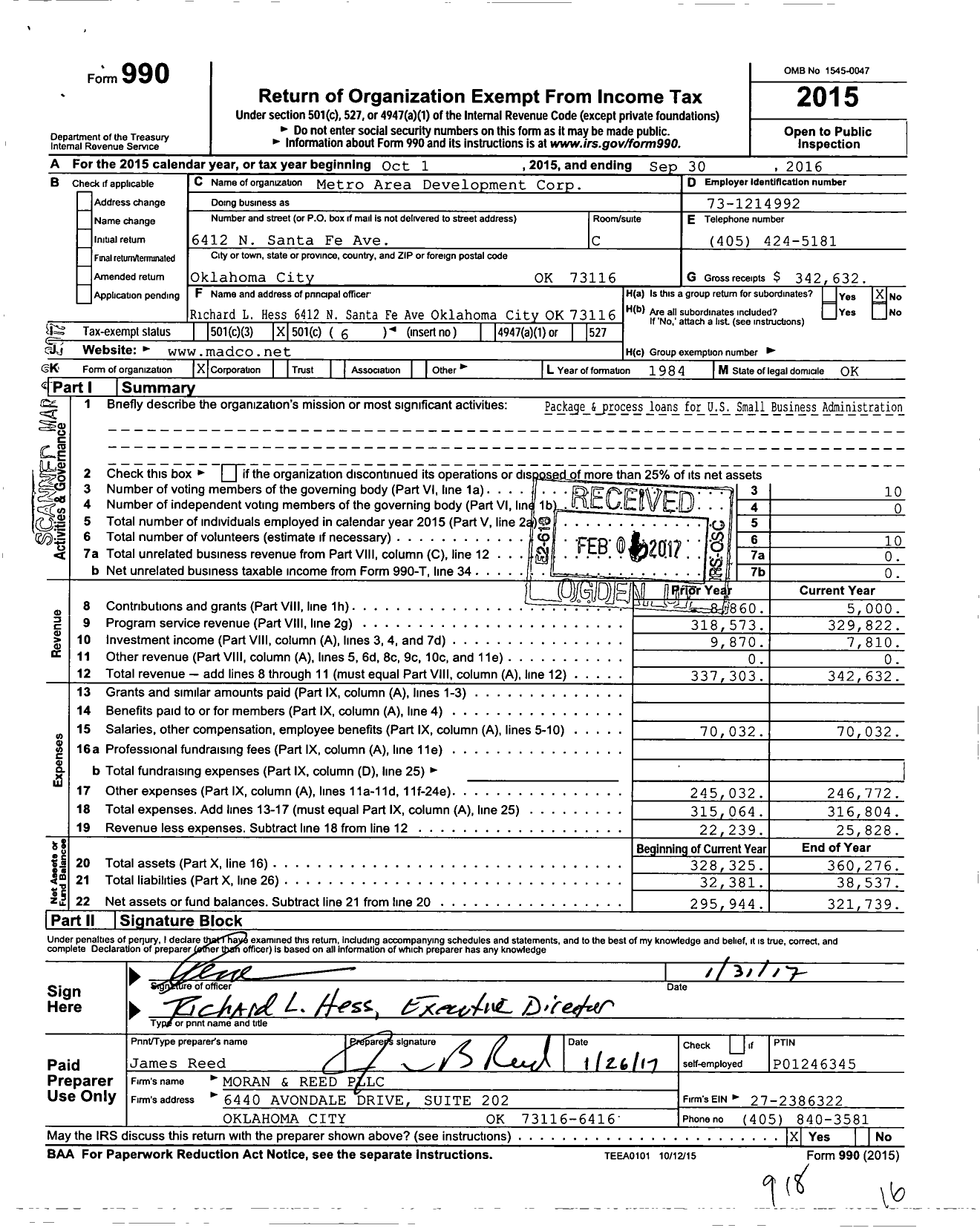 Image of first page of 2015 Form 990O for Metro Area Development Corporation