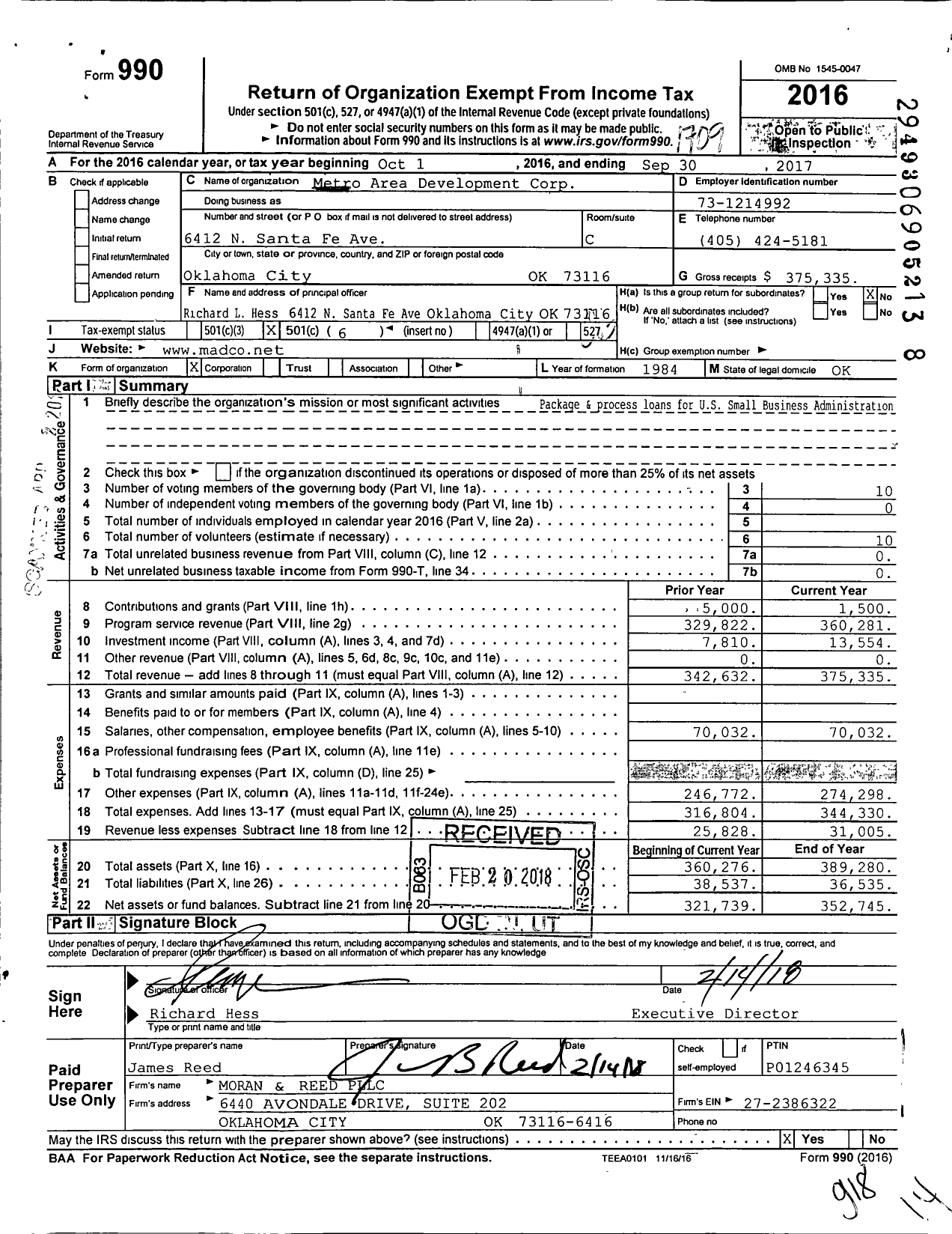 Image of first page of 2016 Form 990O for Metro Area Development Corporation