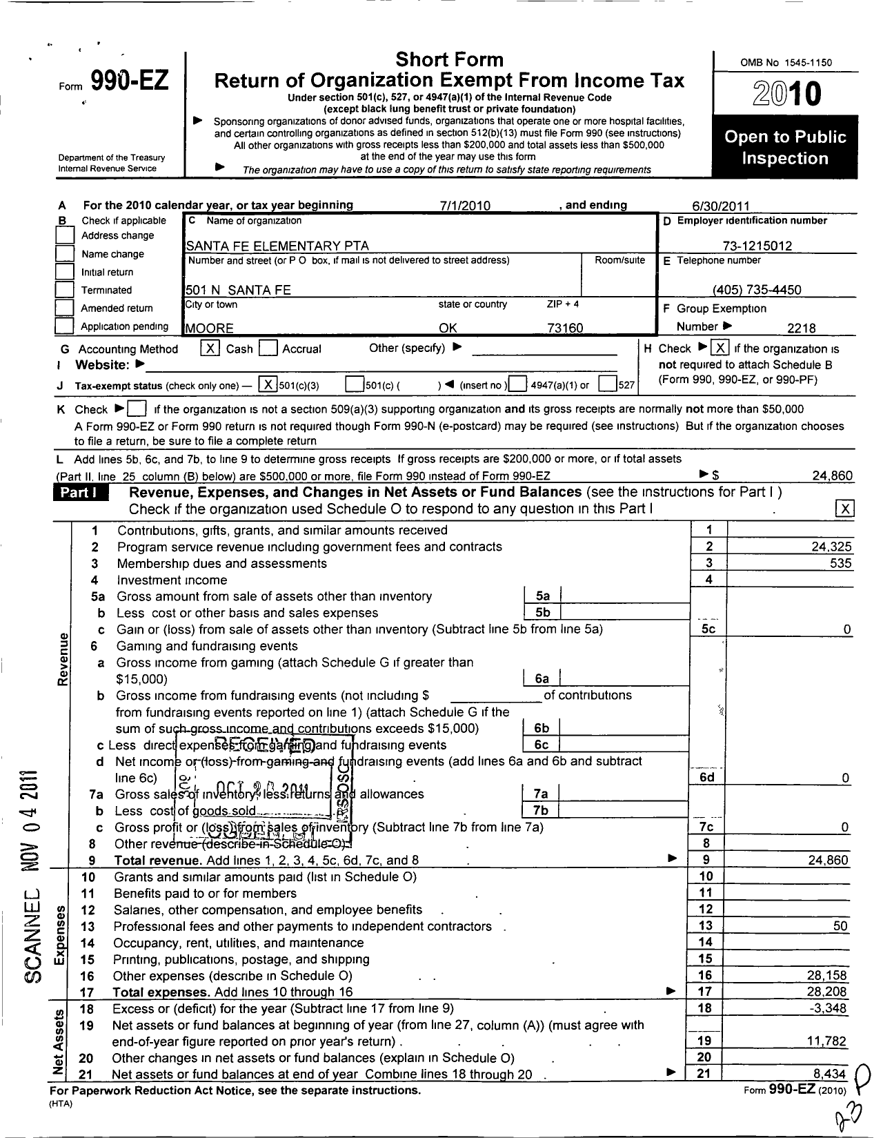 Image of first page of 2010 Form 990EZ for PTA Oklahoma Congress / Santa Fe Elem