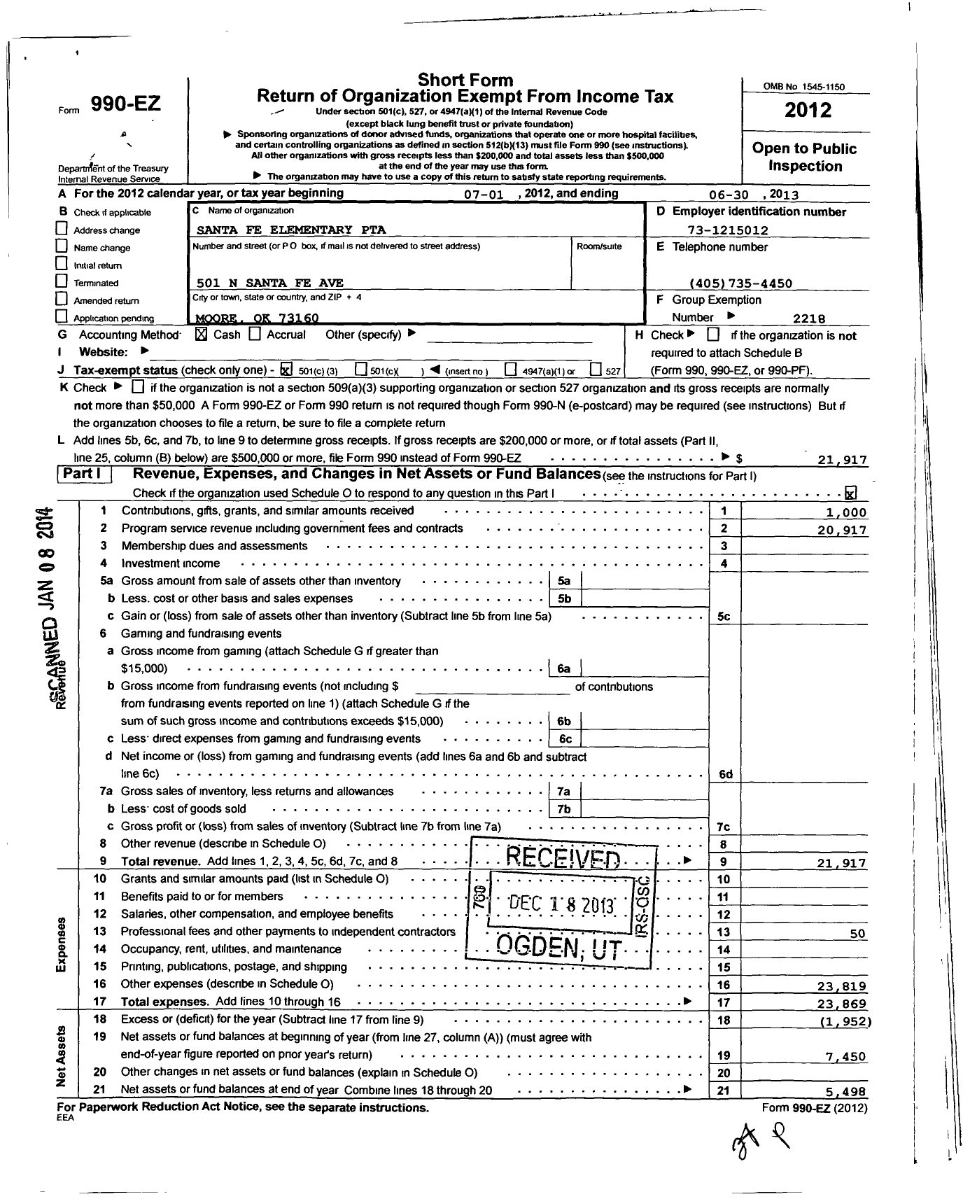 Image of first page of 2012 Form 990EZ for PTA Oklahoma Congress / Santa Fe Elem