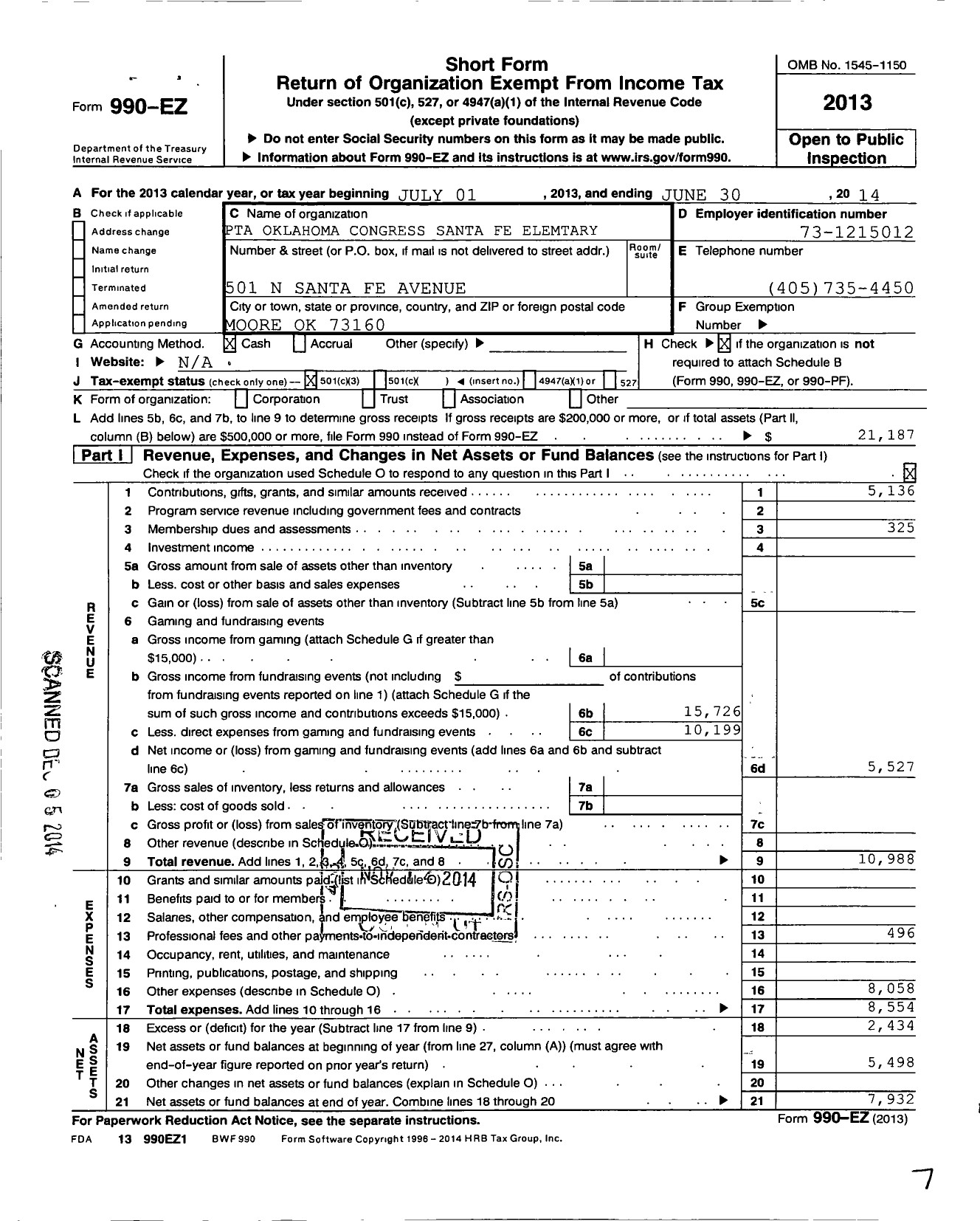 Image of first page of 2013 Form 990EZ for PTA Oklahoma Congress / Santa Fe Elem