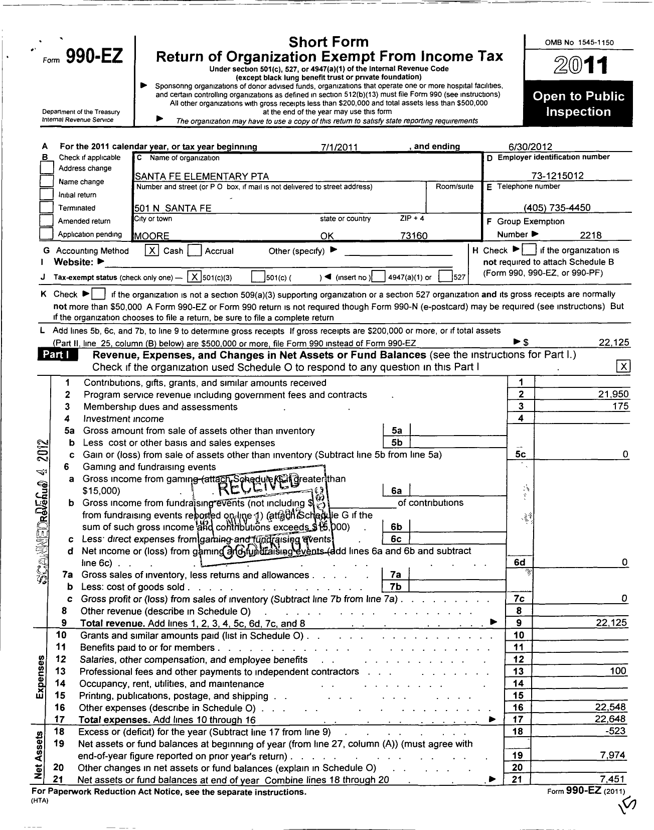 Image of first page of 2011 Form 990EZ for PTA Oklahoma Congress / Santa Fe Elem