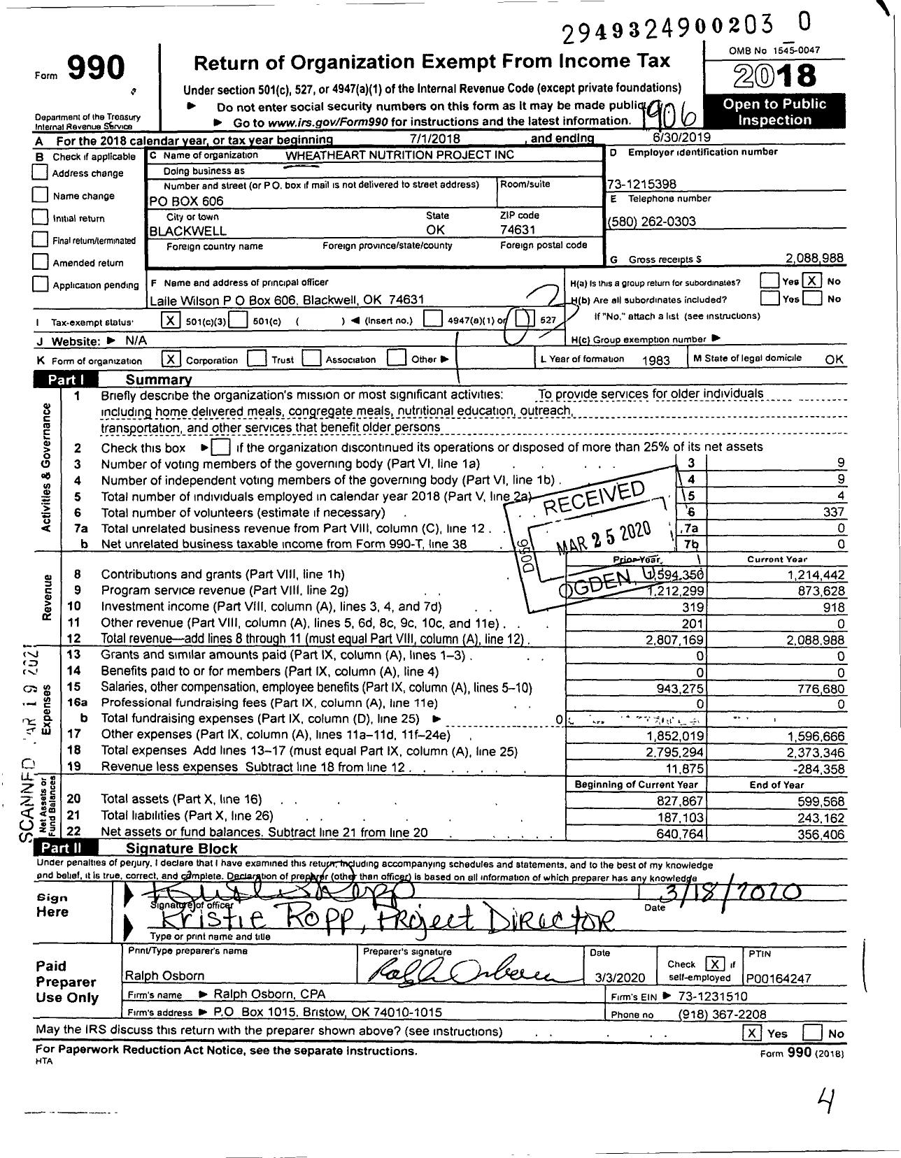 Image of first page of 2018 Form 990 for Wheatheart Nutrition Project