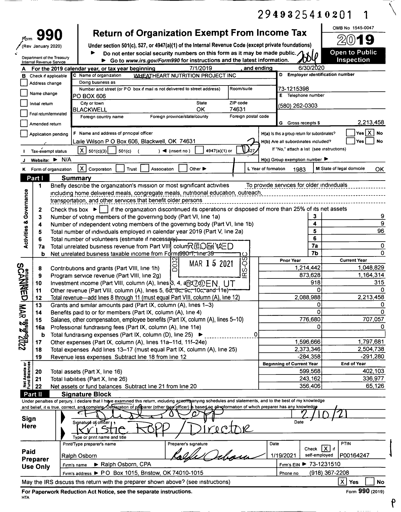 Image of first page of 2019 Form 990 for Wheatheart Nutrition Project