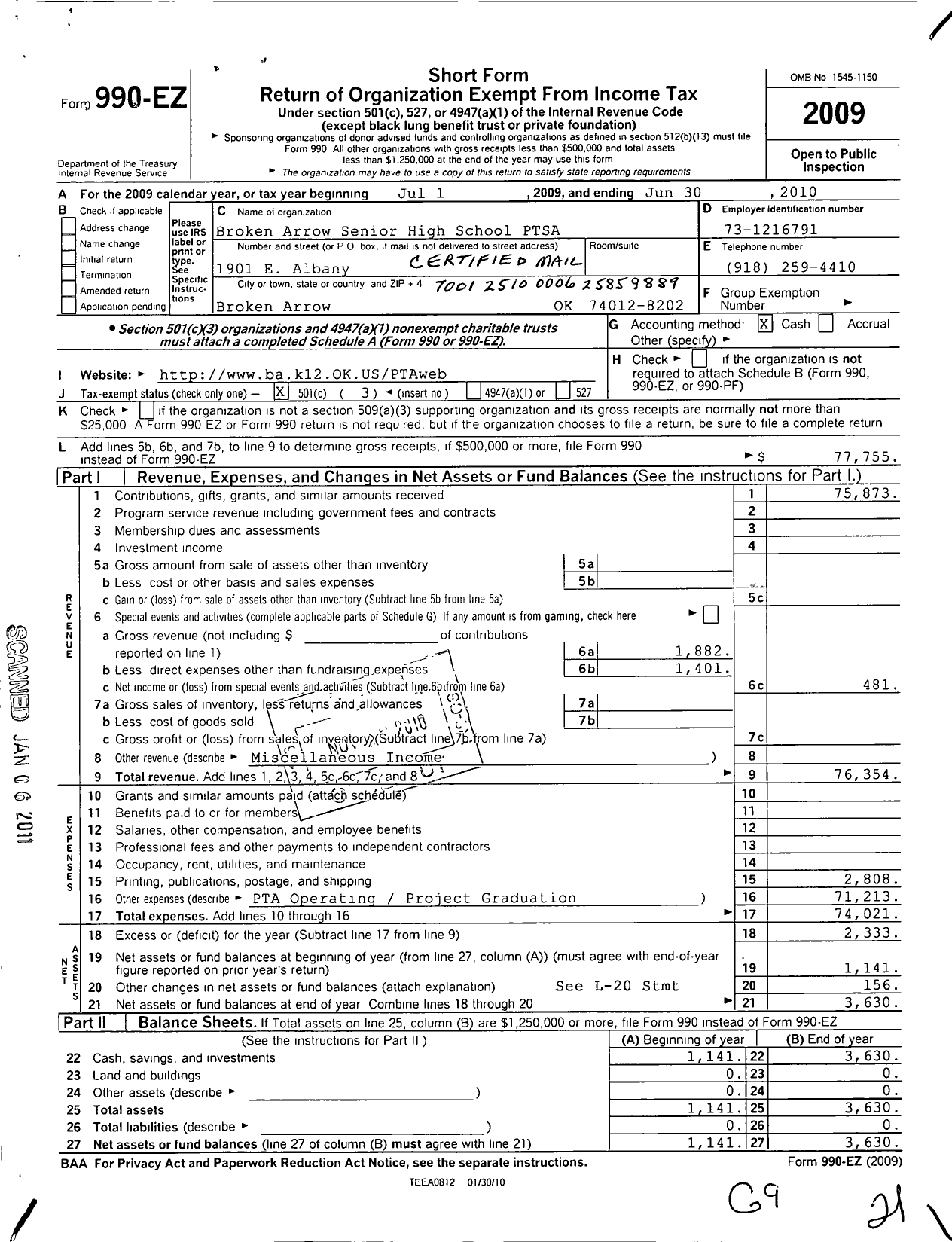 Image of first page of 2009 Form 990EZ for PTA Oklahoma Congress / Broken Arrow SR High School Ptsa