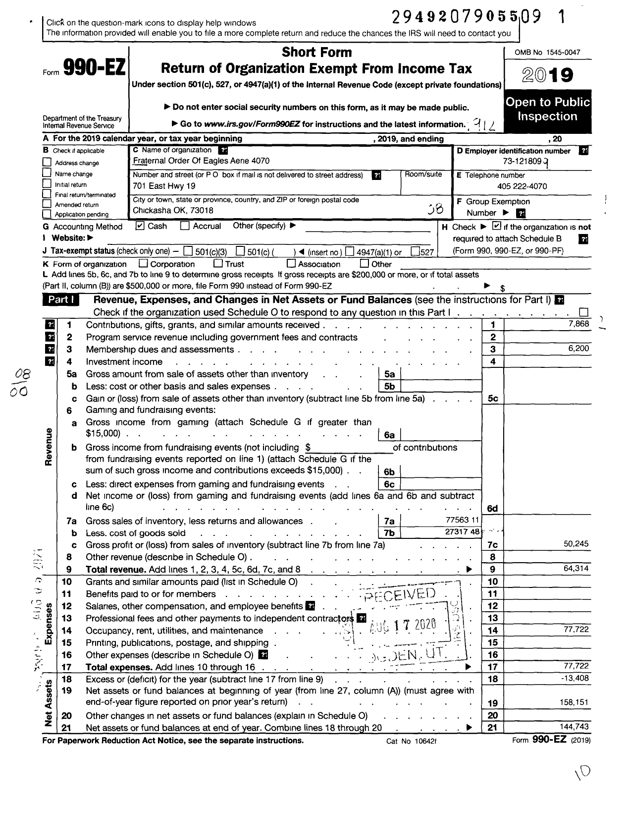 Image of first page of 2019 Form 990EO for Fraternal Order of Eagles - 4070 Aerie