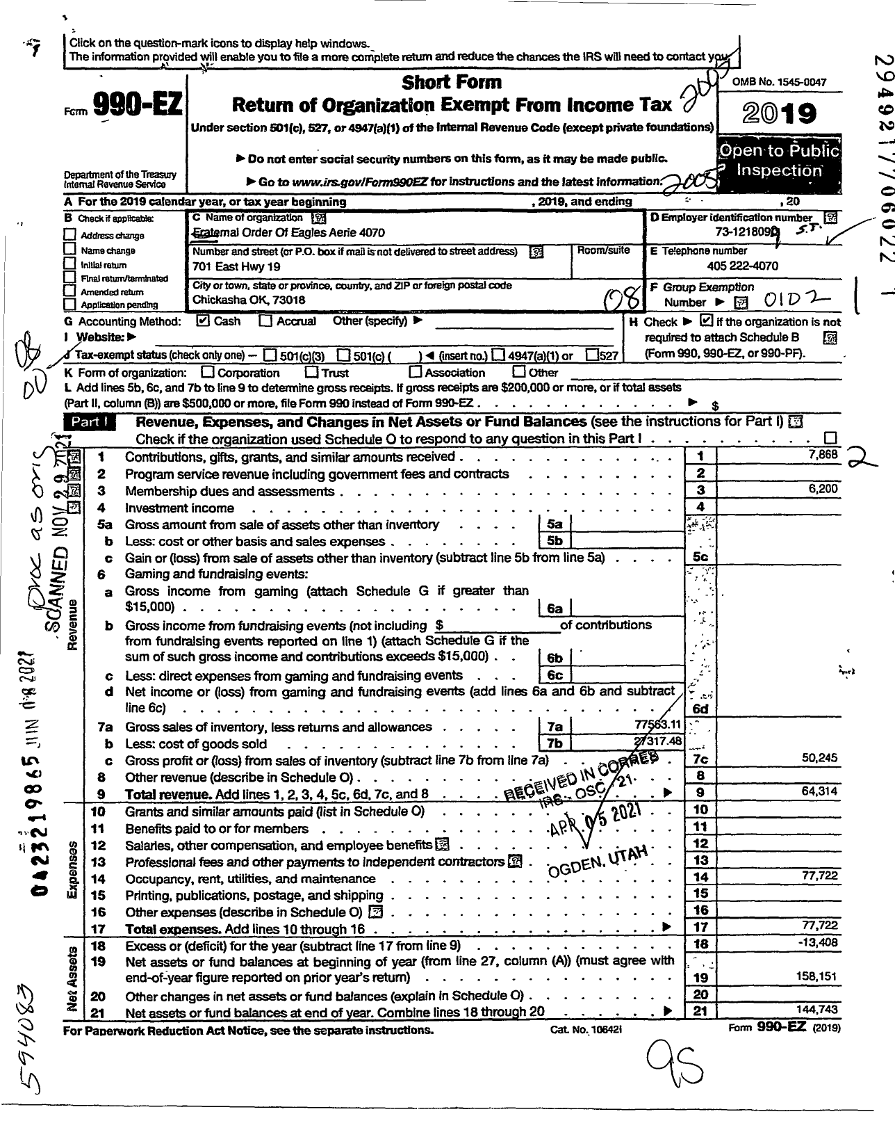 Image of first page of 2019 Form 990EO for Fraternal Order of Eagles - 4070 Aerie