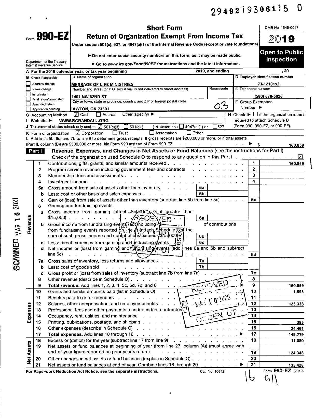 Image of first page of 2019 Form 990EZ for Message of Life Ministries