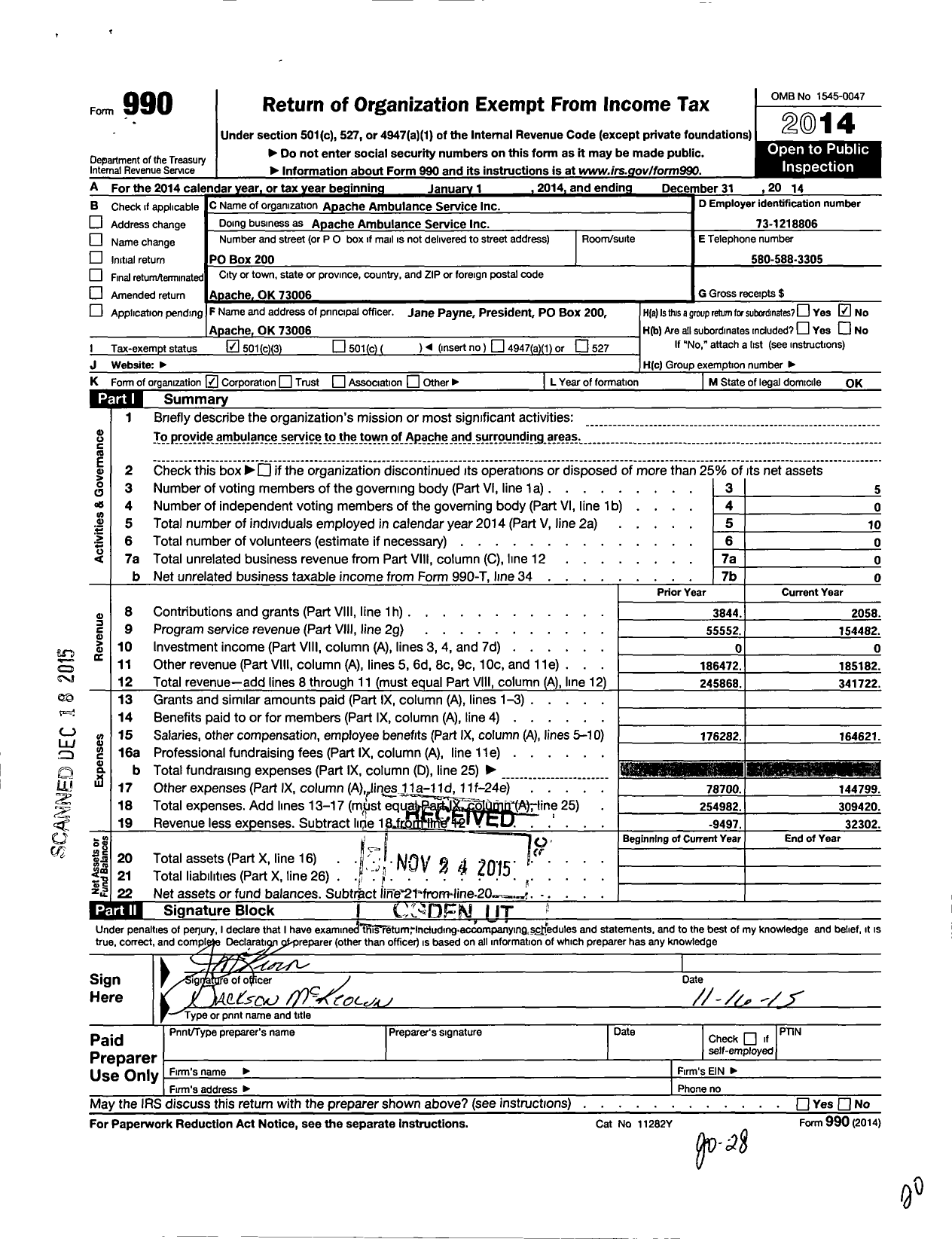 Image of first page of 2014 Form 990 for Apache Ambulance Service Apache Ambulance Service