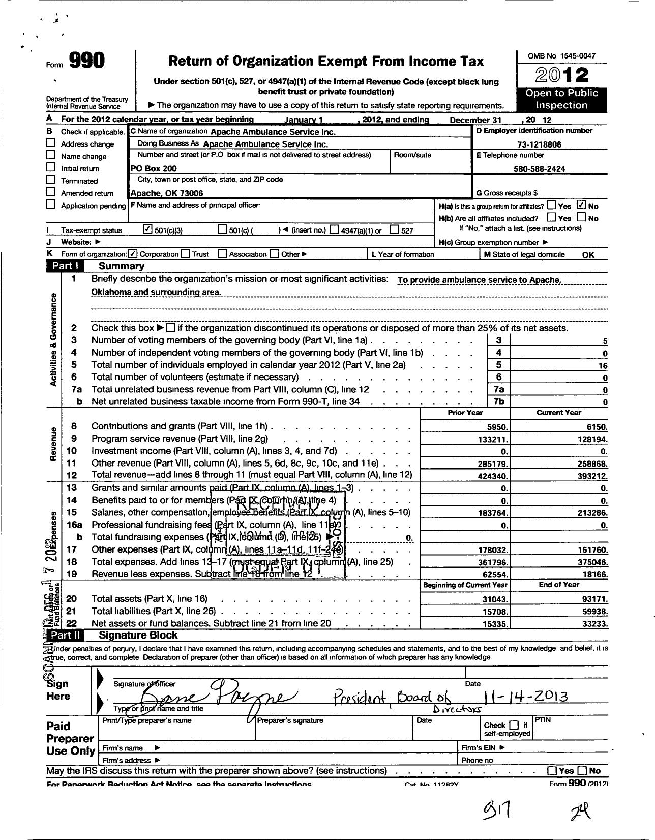 Image of first page of 2012 Form 990 for Apache Ambulance Service Apache Ambulance Service