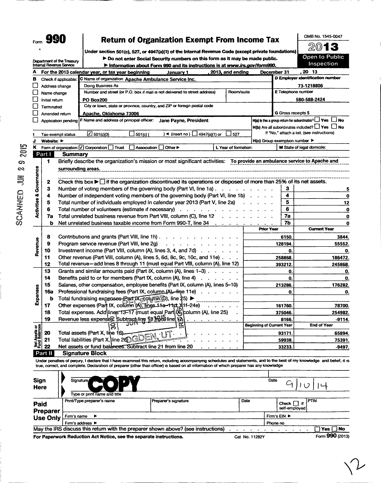 Image of first page of 2013 Form 990 for Apache Ambulance Service Apache Ambulance Service