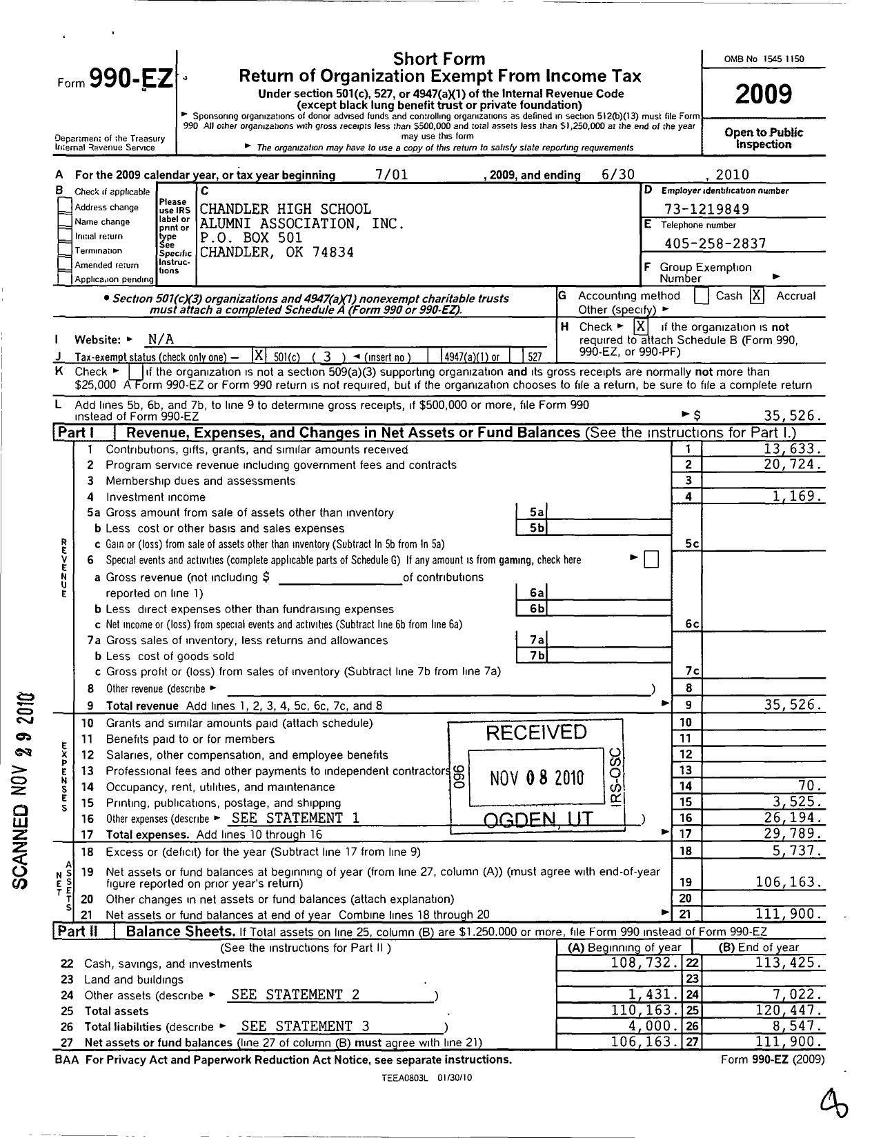 Image of first page of 2009 Form 990EZ for Chandler High School Alumni Association