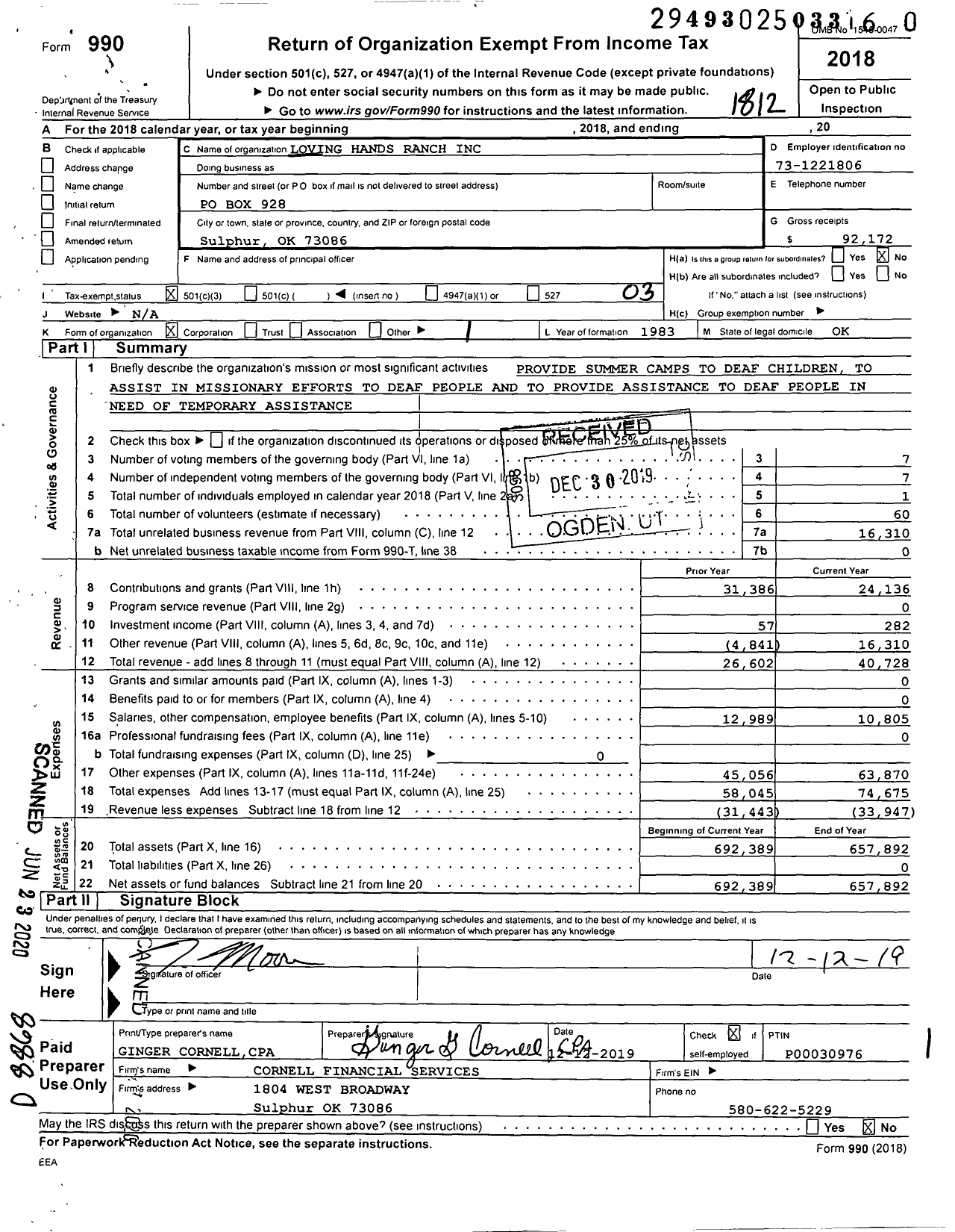 Image of first page of 2018 Form 990 for Loving Hands Ranch