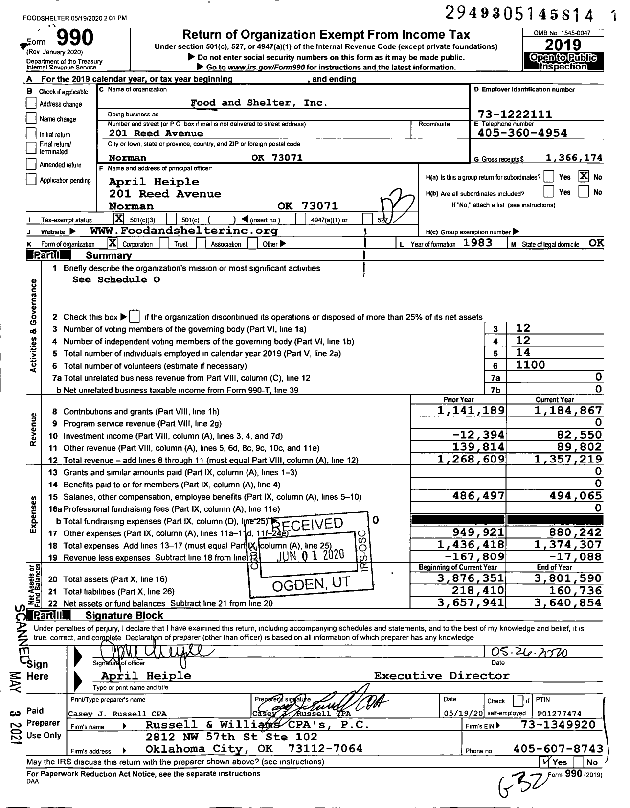 Image of first page of 2019 Form 990 for Food and Shelter