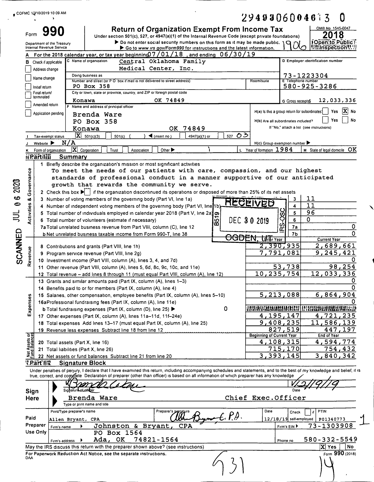 Image of first page of 2018 Form 990 for Central Oklahoma Family Medical Center (COFMC)