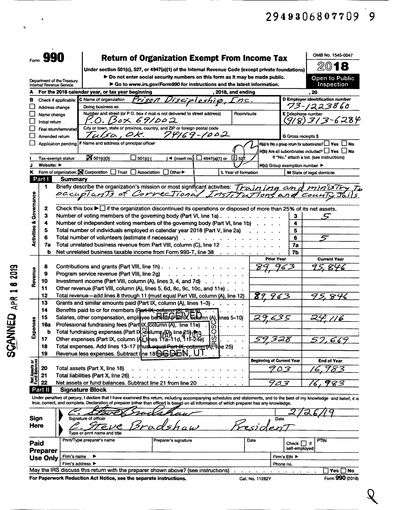 Image of first page of 2018 Form 990 for Prison Discipleship