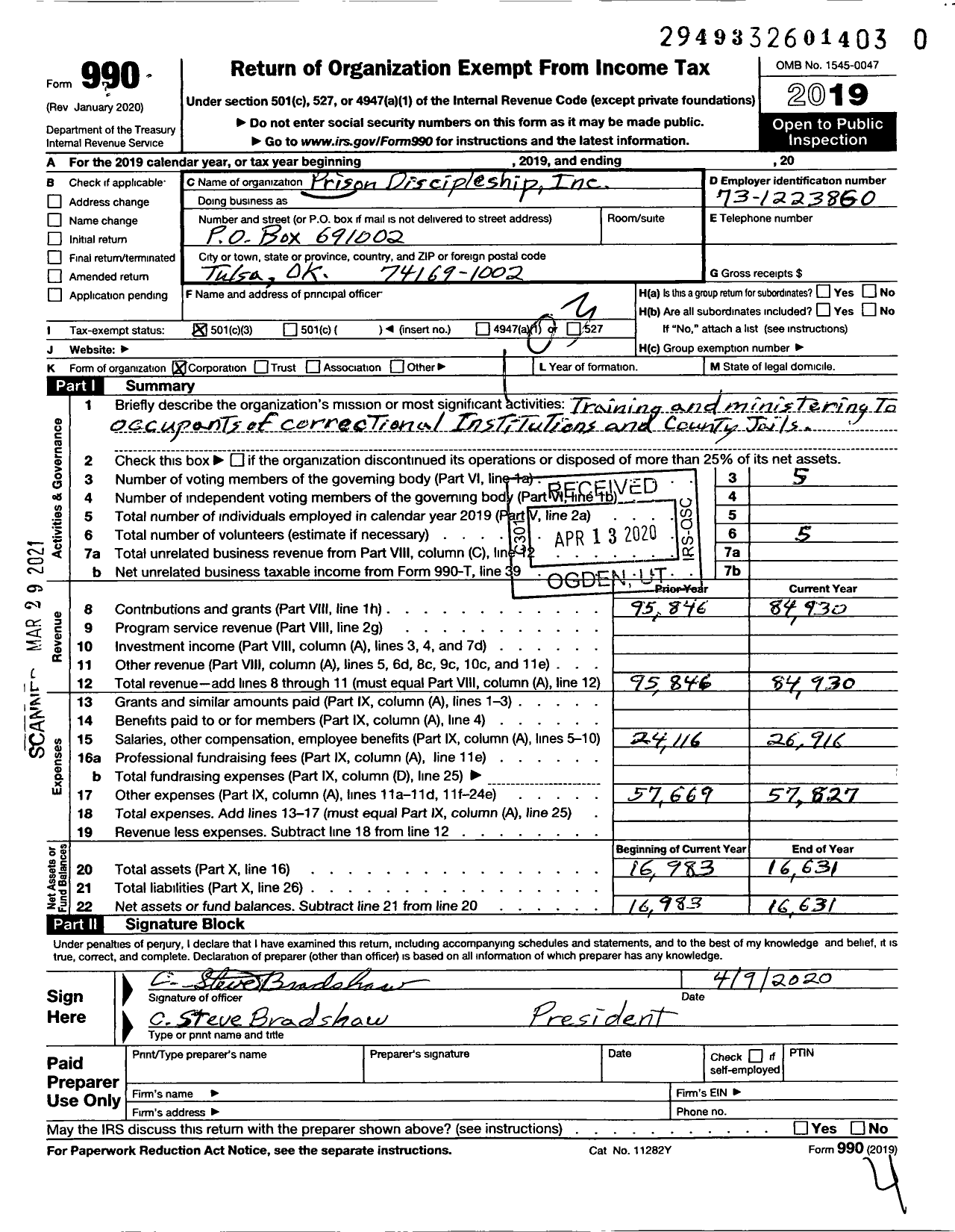 Image of first page of 2019 Form 990 for Prison Discipleship