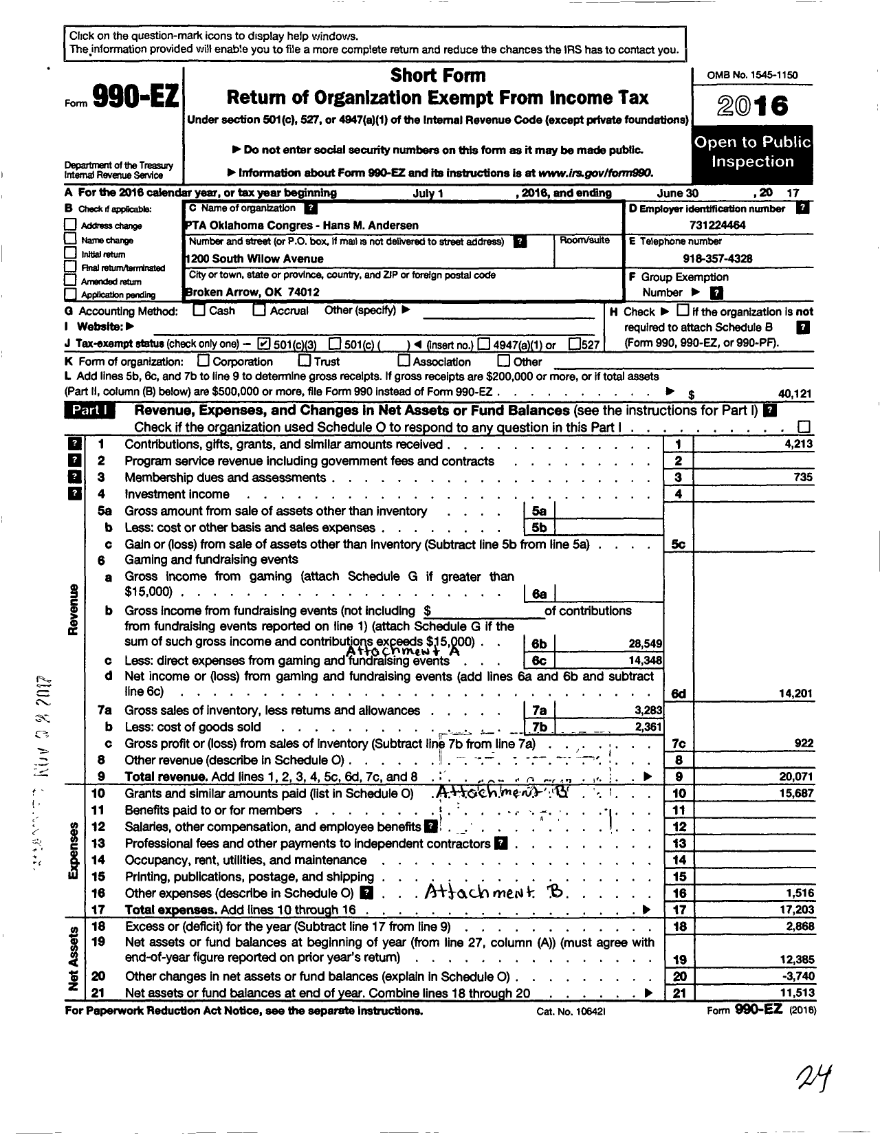 Image of first page of 2016 Form 990EZ for PTA Oklahoma Congress-Hans M Andersen