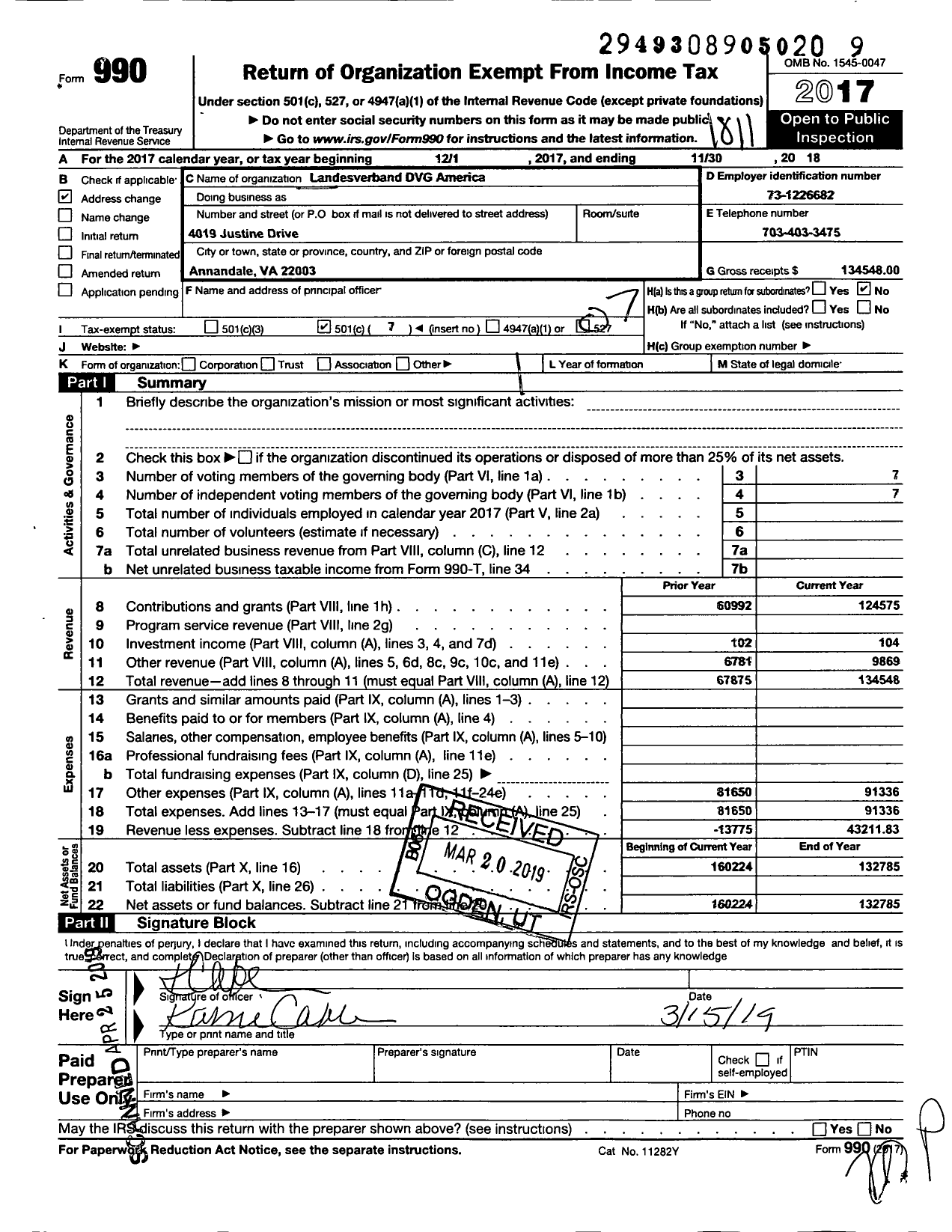 Image of first page of 2017 Form 990O for Landesverband DVG America