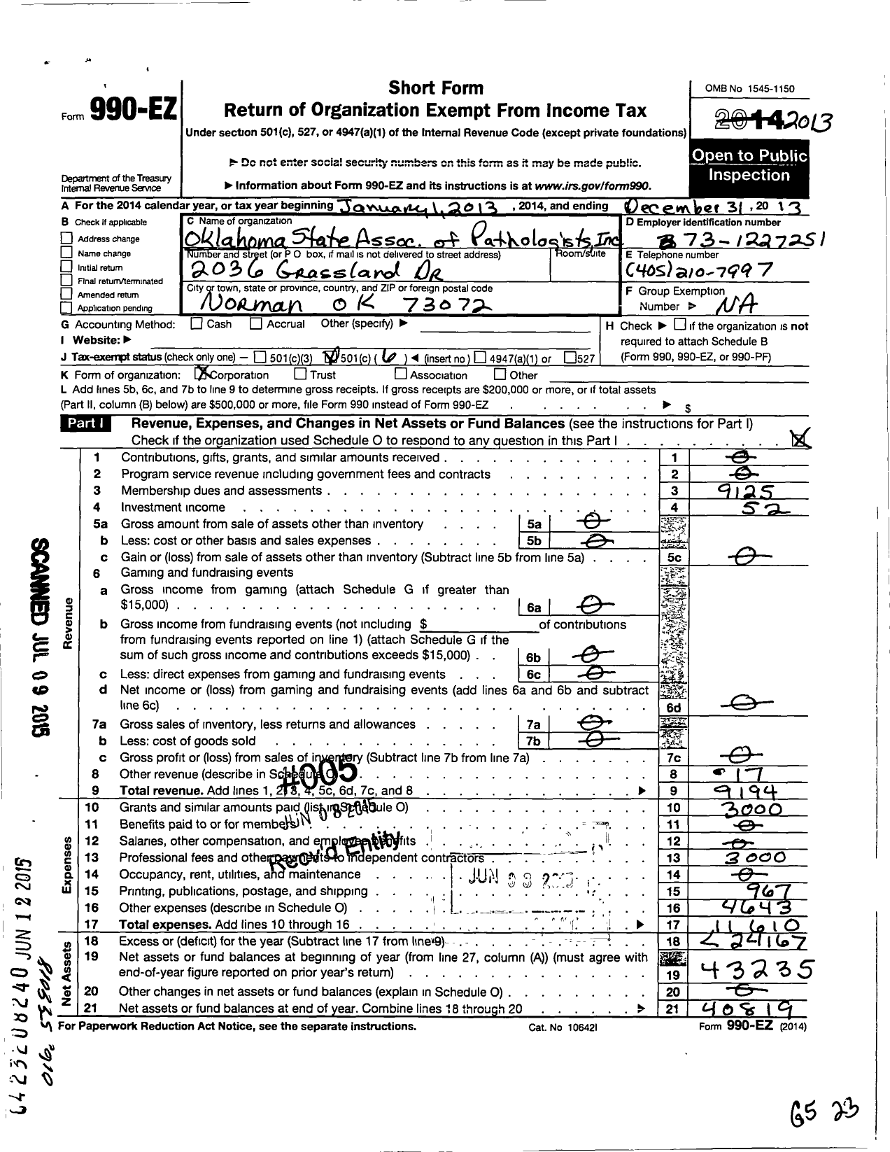 Image of first page of 2013 Form 990EO for Oklahoma State Association of Pathologists