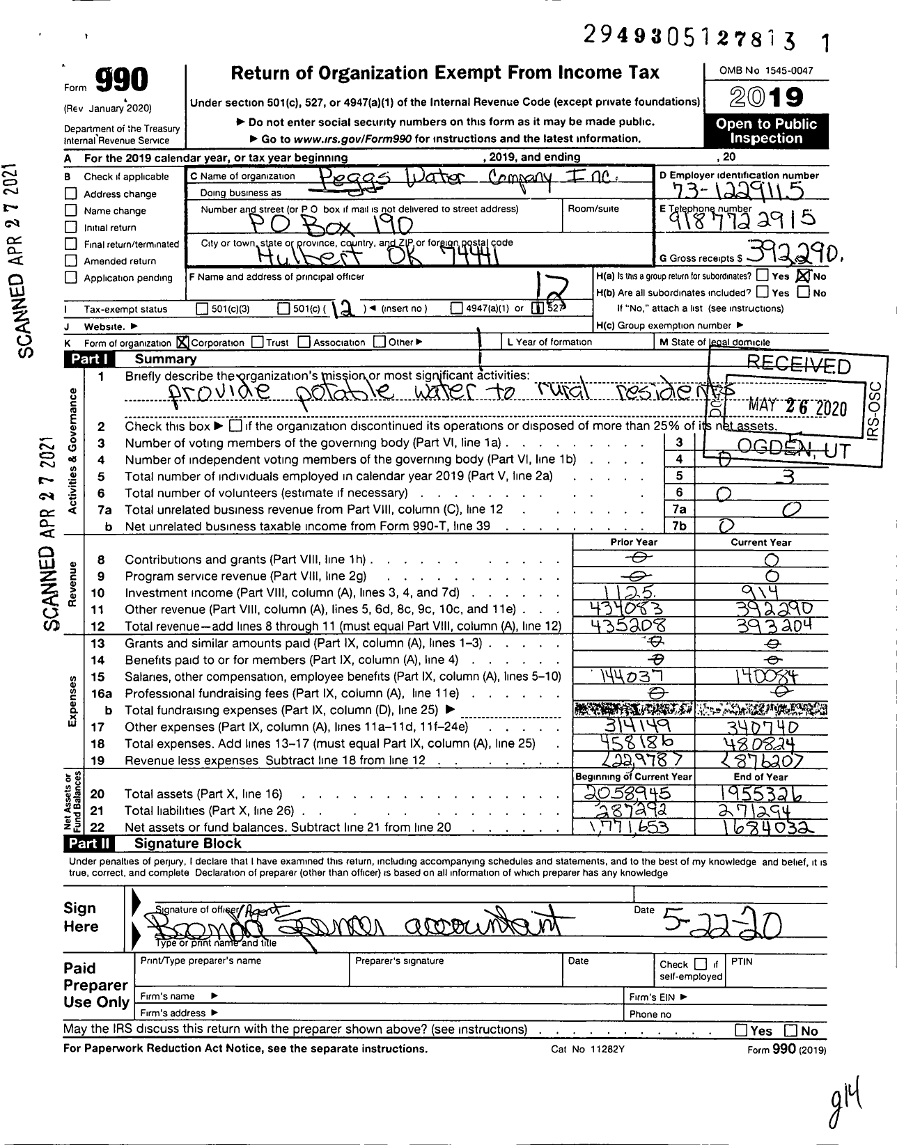 Image of first page of 2019 Form 990O for Peggs Water Company