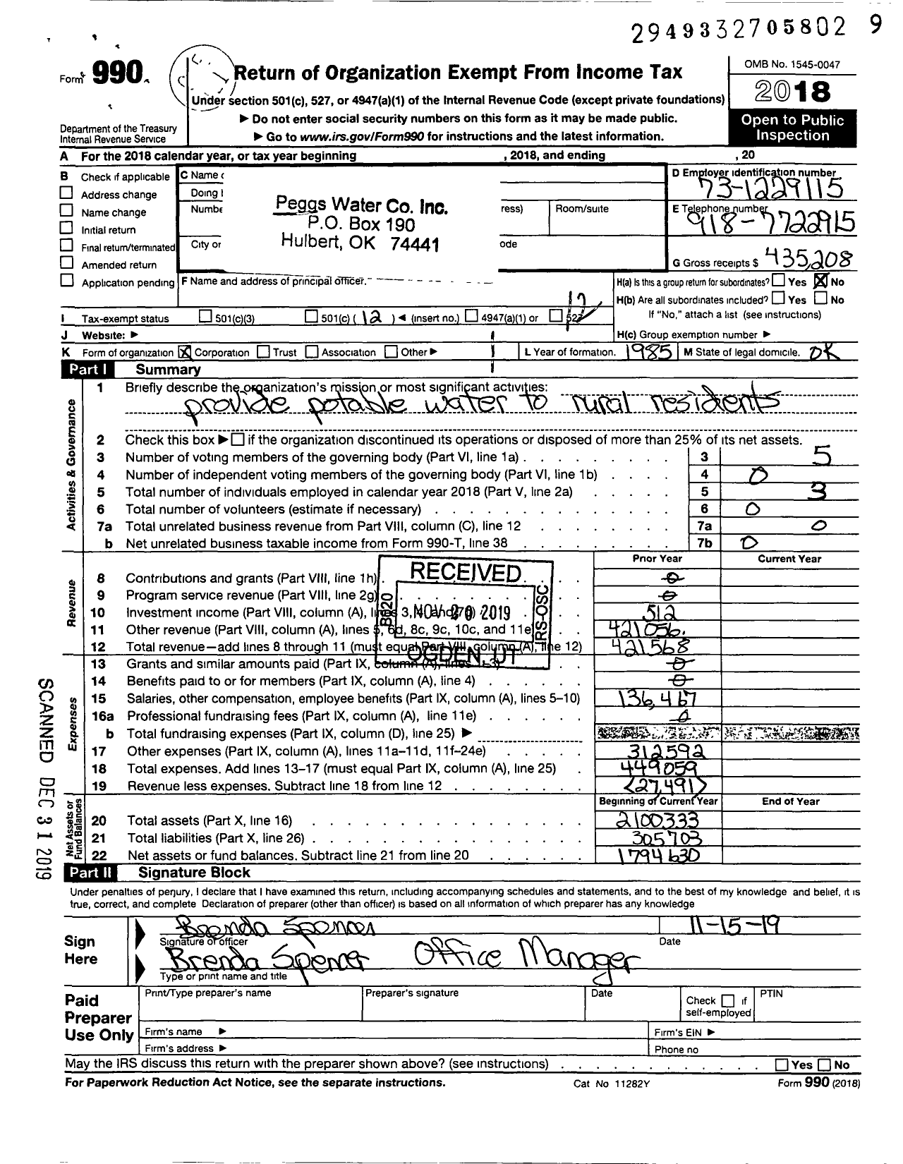 Image of first page of 2018 Form 990O for Peggs Water Company