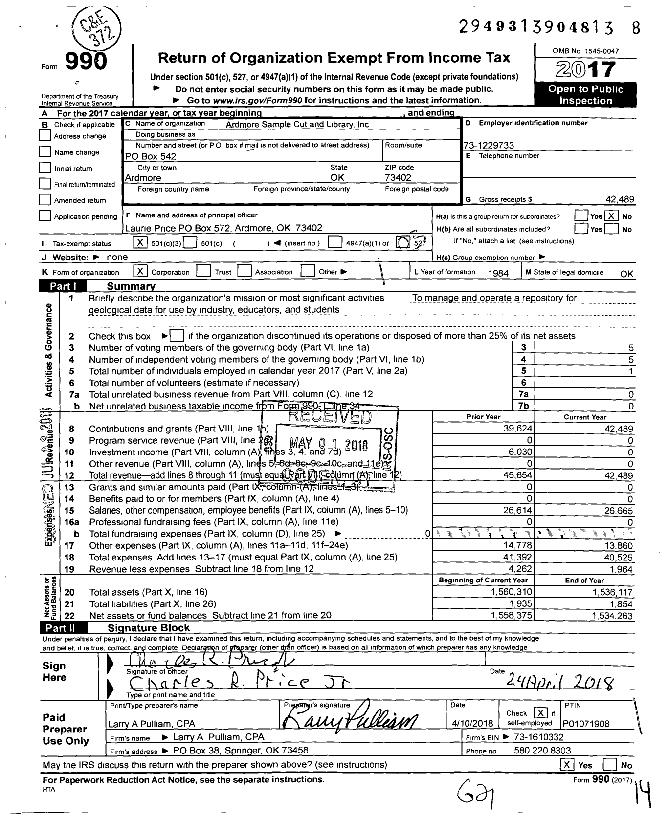 Image of first page of 2017 Form 990 for Ardmore Sample Cut and Library