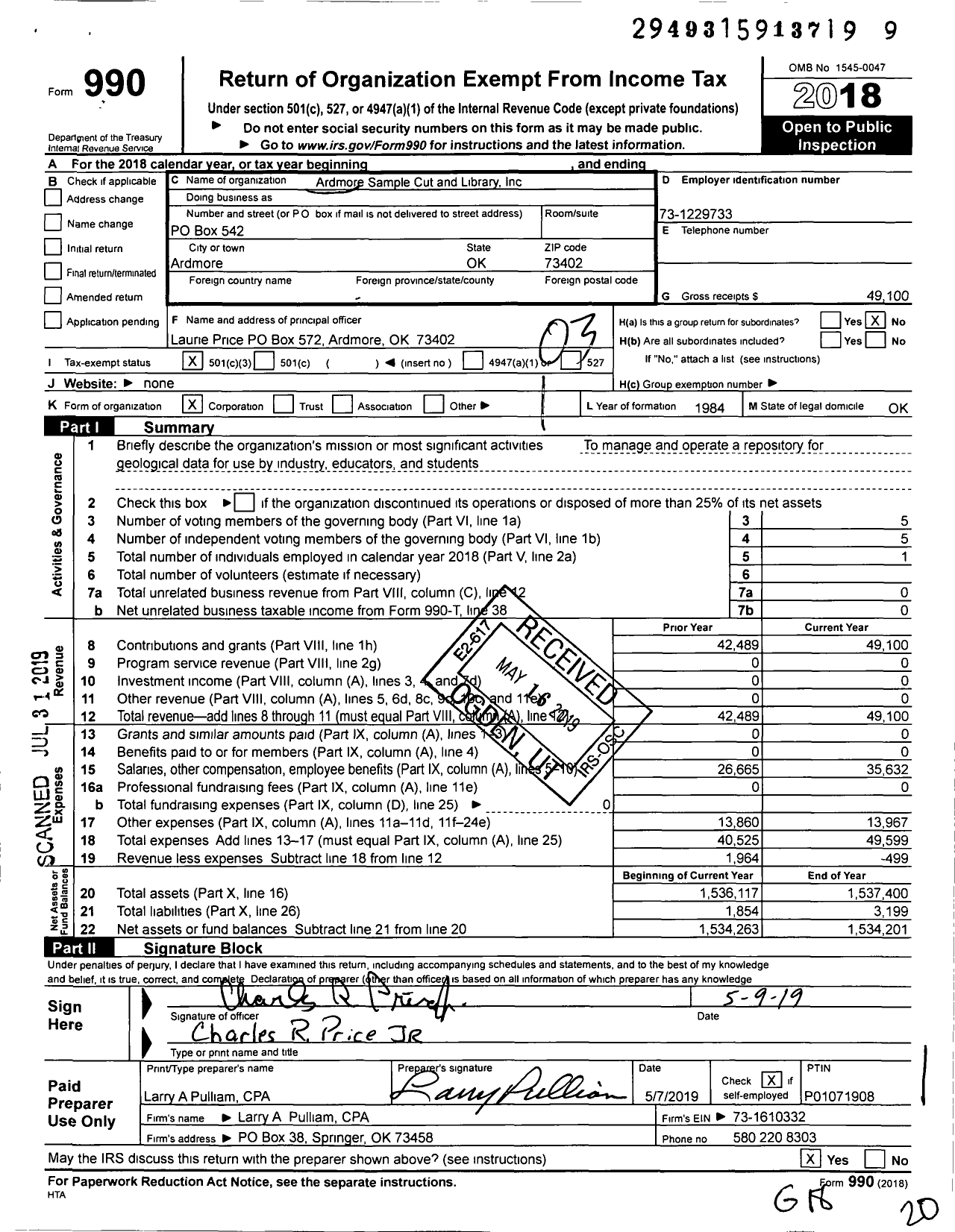 Image of first page of 2018 Form 990 for Ardmore Sample Cut and Library